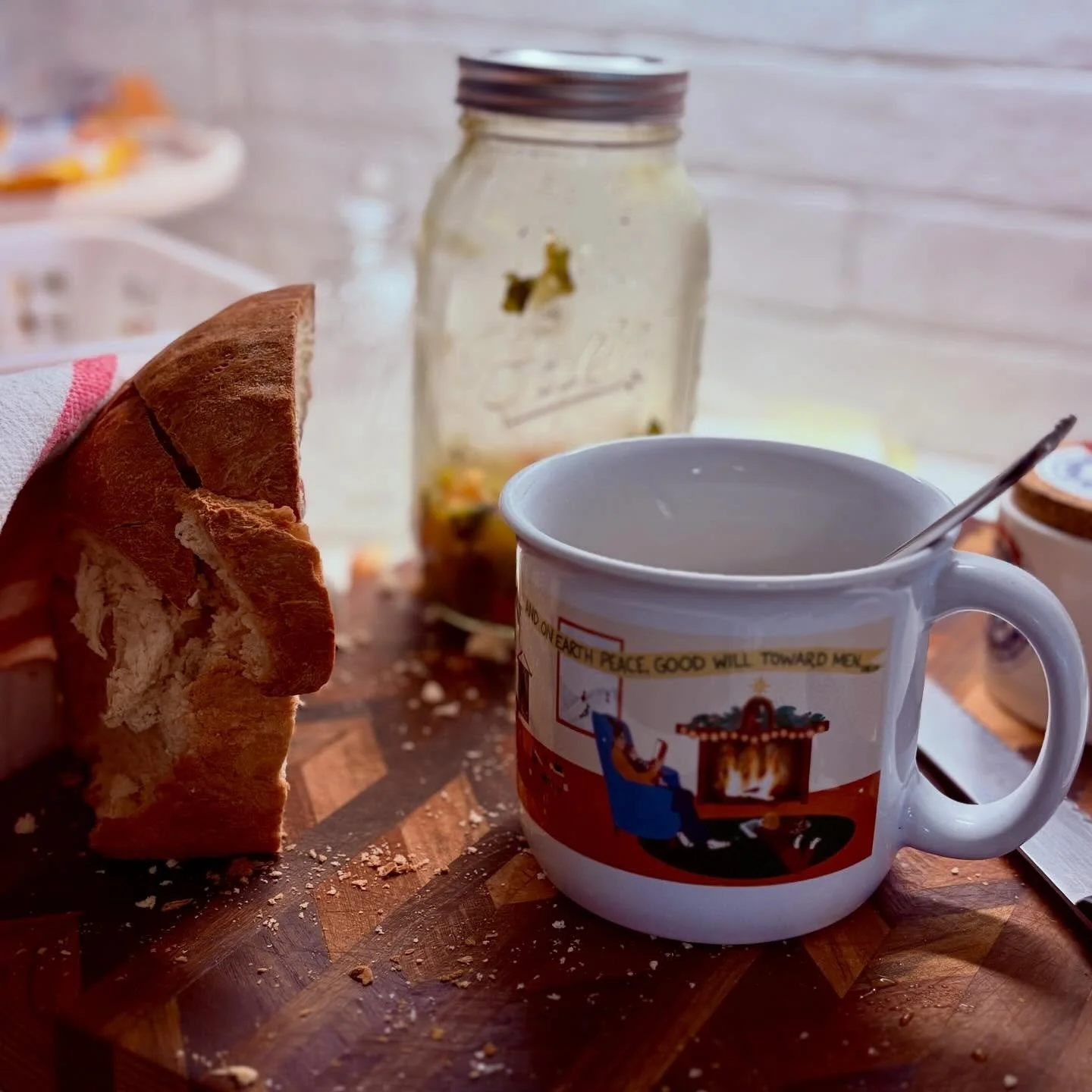 Sick day scene: crusty bread and soup out of a Christmas mug 🤌🏽✨

(Picture from a dear customer and friend!)