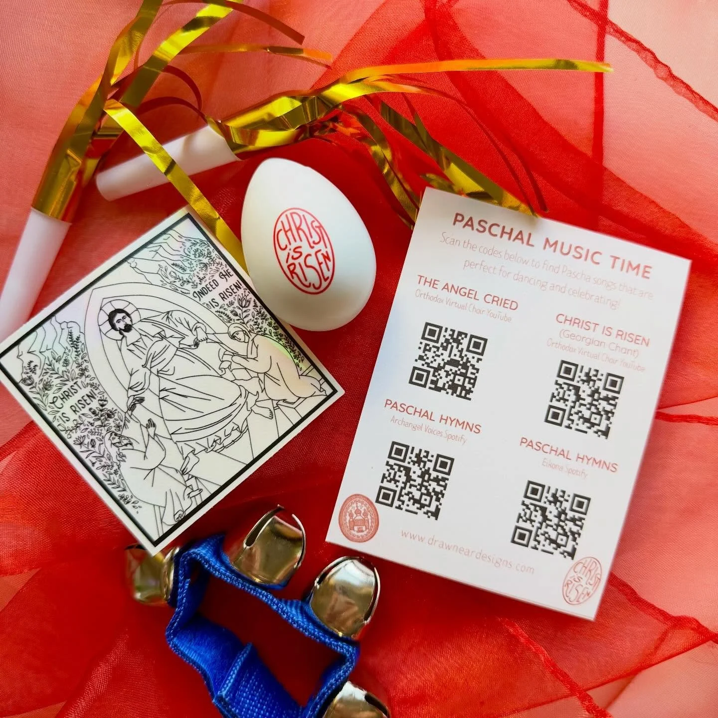 Something new and FUN! Paschal music for little ones, with a mix of small instruments (including a &ldquo;Christ is Risen&rdquo; cha-cha egg!🤩). Wrist bells, sparkly blowers, shaky egg, play scarf, rainbow sticker, and links to some fantastic Pascha