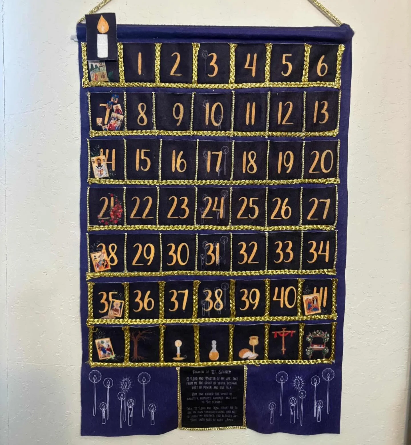 Lent is here, the journey begins&mdash; good strength to you all! 
Look at this incredible Lent calendar that one of our customers assembled using fabric glue and gold cord embellishments. 🤩 We&rsquo;ll have more finished Lent calendars available so