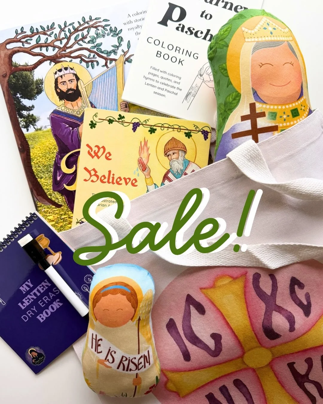 ‼️Surprise sale happening now through Monday! Get 20% off 
💓Snuggly Saints dolls (fabric, DIY kits, and finished dolls, including the brand new St Constantine and Helen we just released!)
📚Board books by Draw Near Designs
👜Totes (church bag refres