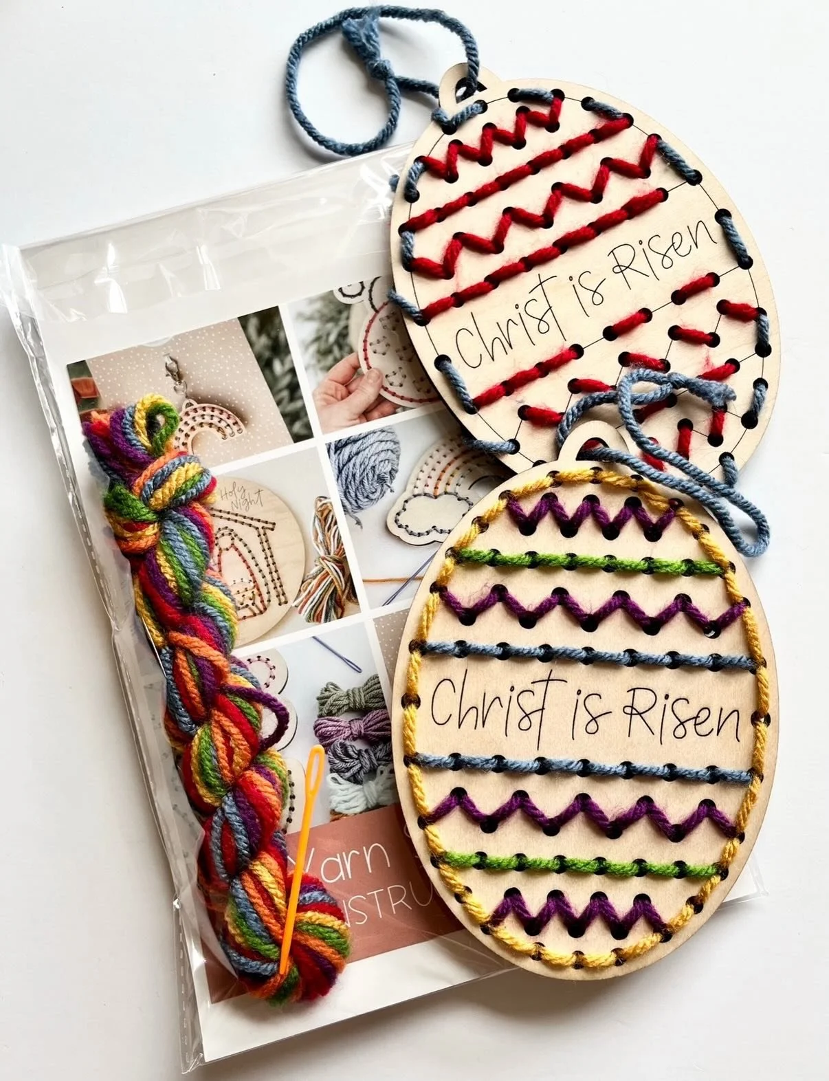 Ornament kits are back! They come with lots of yarn colors to choose from, an easy to use plastic needle, instructions, and of course a wooden ornament to make your own. These are custom made for Draw Near Designs!