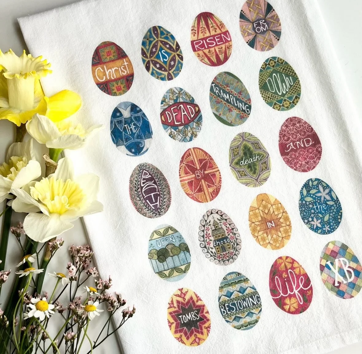 I started out planning to just paint &ldquo;Christ is Risen&rdquo; on eggs, but my husband and daughter said &ldquo;What?! No you have to do the whole hymn!&rdquo; So appropriately one zillion tiny brushstrokes later, we ended up with this design. Im