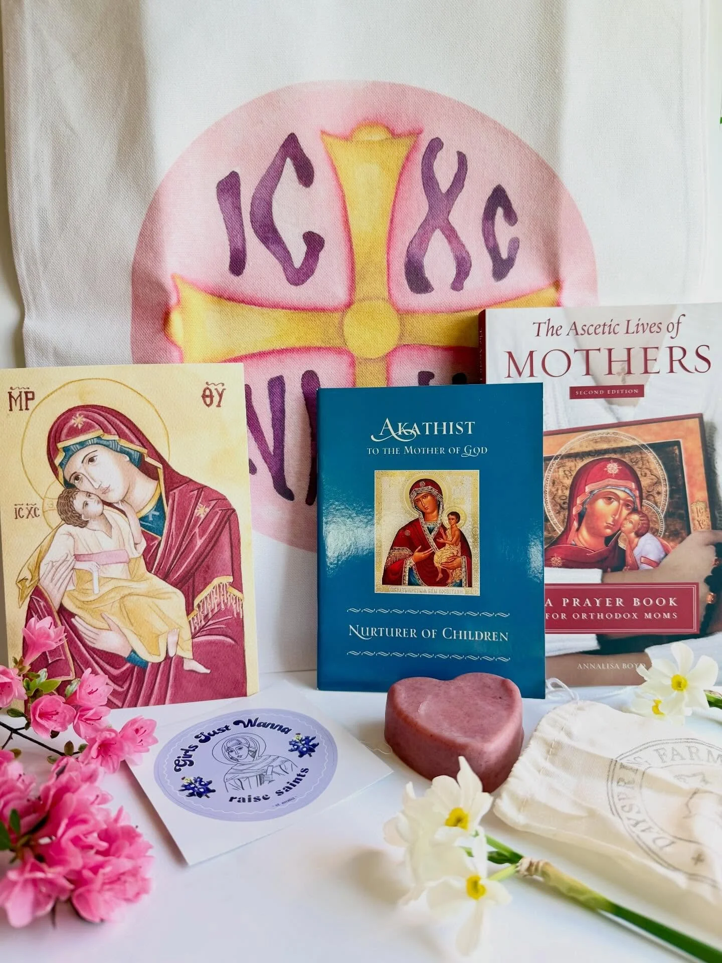 Mother&rsquo;s Day bundles are here! 
💚ICXC 100% cotton tote
💚Akathist to the Mother of God Nurturer of Children 
💚5x7 print of a watercolor painting of the Theotokos 
💚Girl just wanna raise saints (St Emilia) sticker 
💚Rose scented goats milk s