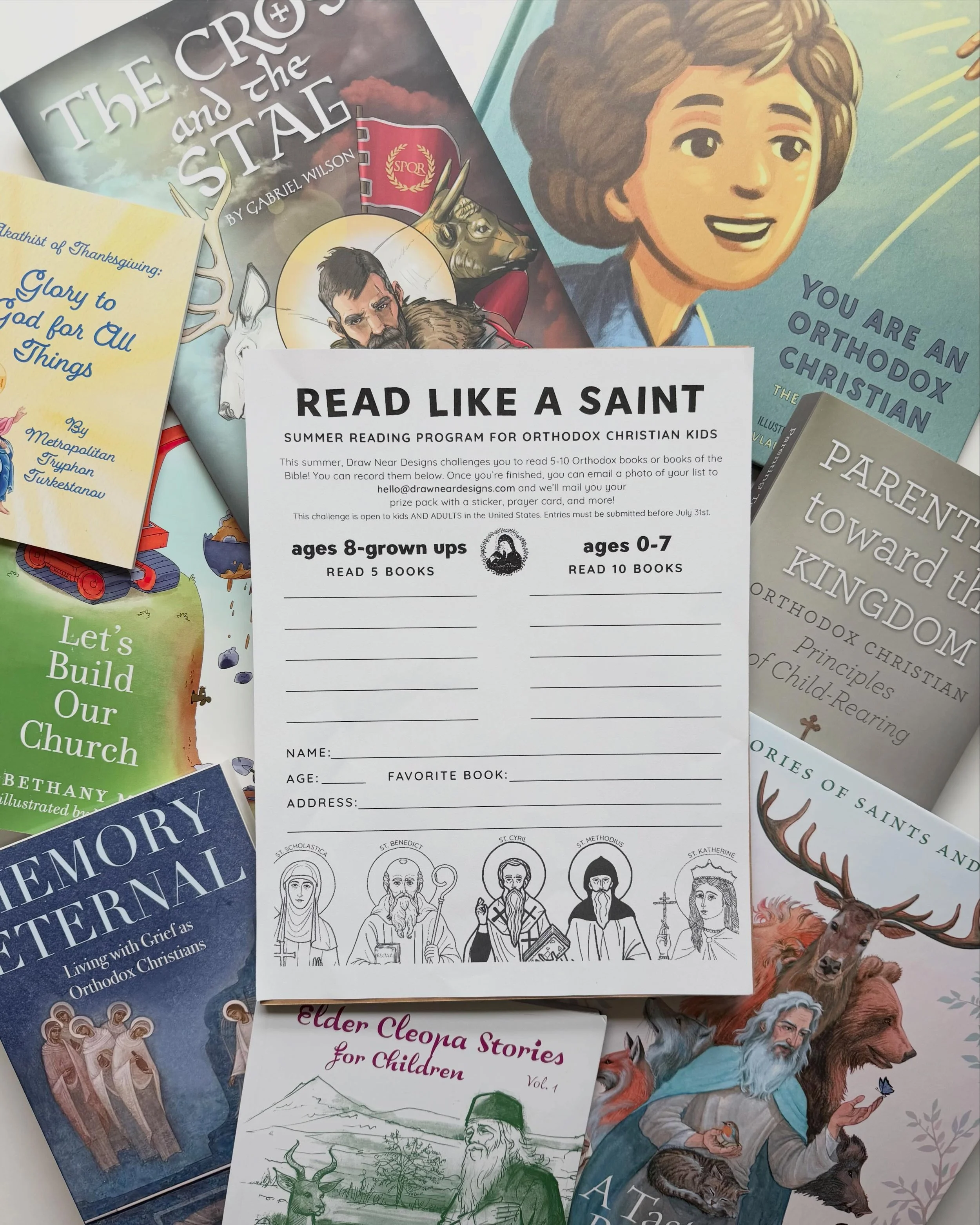 SURPRISE‼️ (Lots of info here, read to the end!) 
👉🏽Introducing the first Draw Near Designs summer reading challenge! 📚☦️📖 This is for ALL AGES (yes, adults, you can join too!), and everyone who completes the challenge will get a free gift in you
