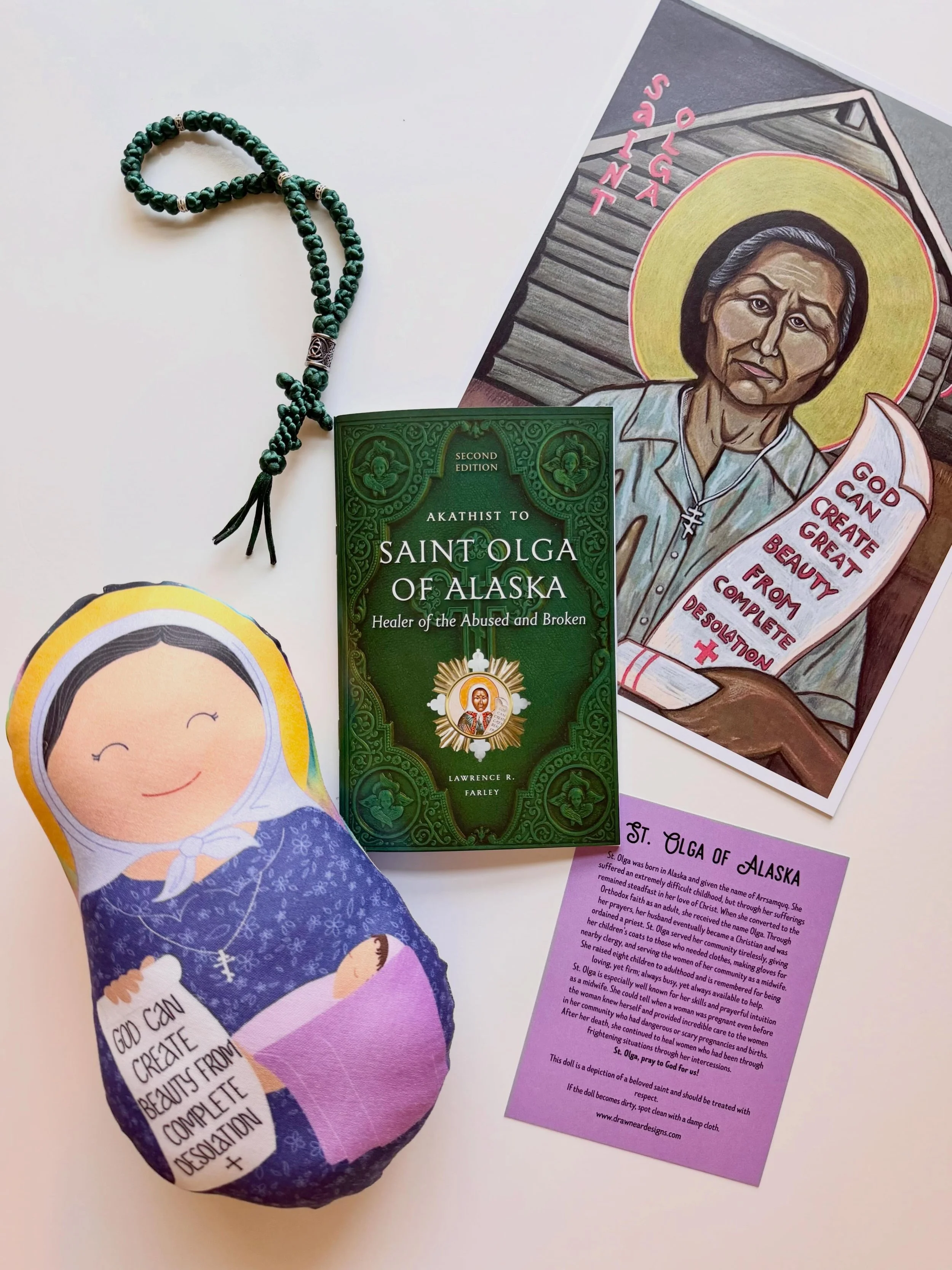 @ancientfaithministries recently published this akathist to St Olga of Alaska, so of course we were thrilled to add it to our shop! It&rsquo;s only $4.95, and you can find it in the Books section of our Shop. Also pictured here is the Snuggly Saints 