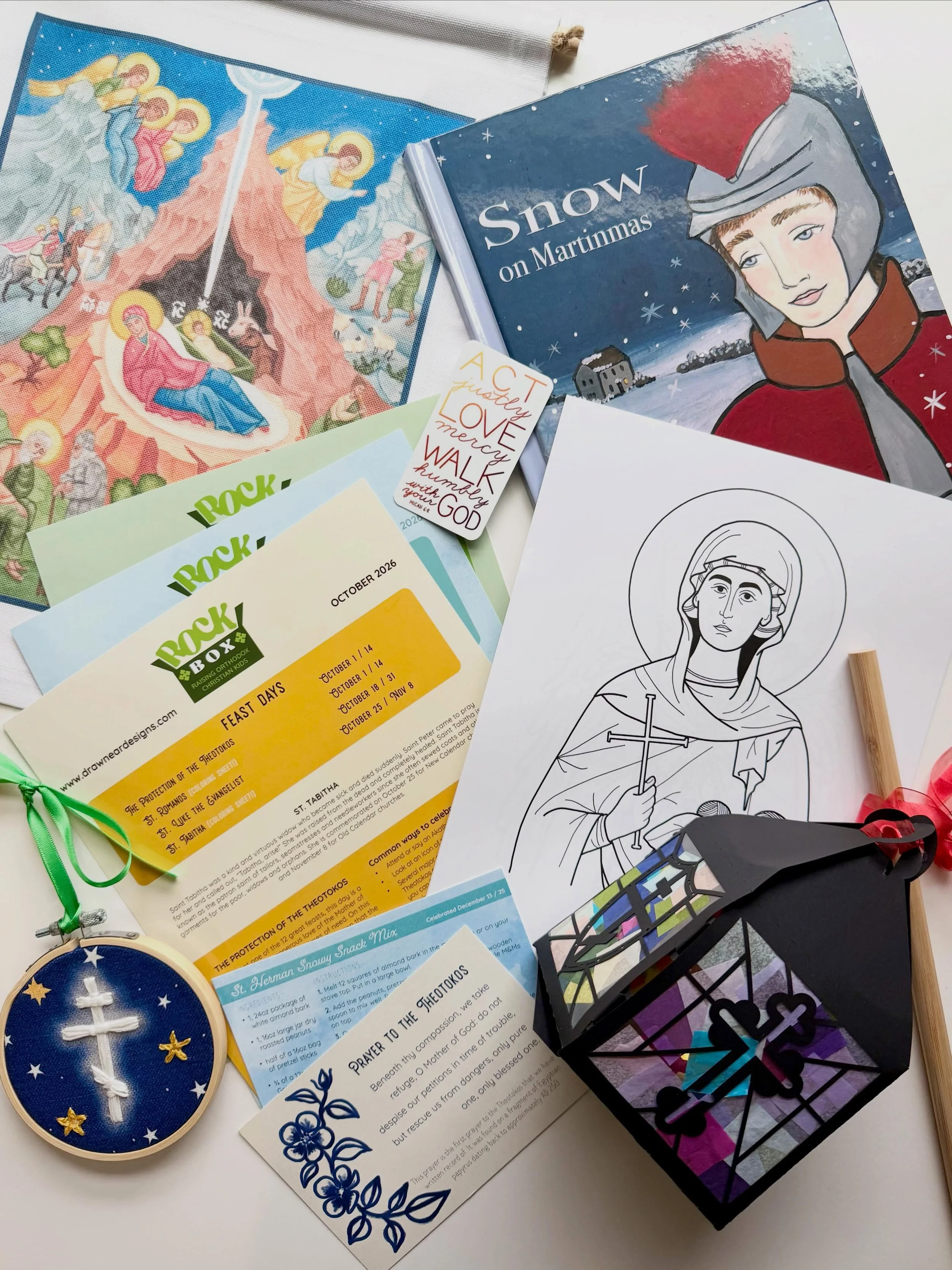 The new R.O.C.K. Box started shipping today, and LOOK HOW FUN IT IS!!! Celebrate St Martin&rsquo;s day (often called Martinmas) with an evening stroll using your super cool lantern! Commemorate St Tabitha&rsquo;s day with an embroidery project (the w