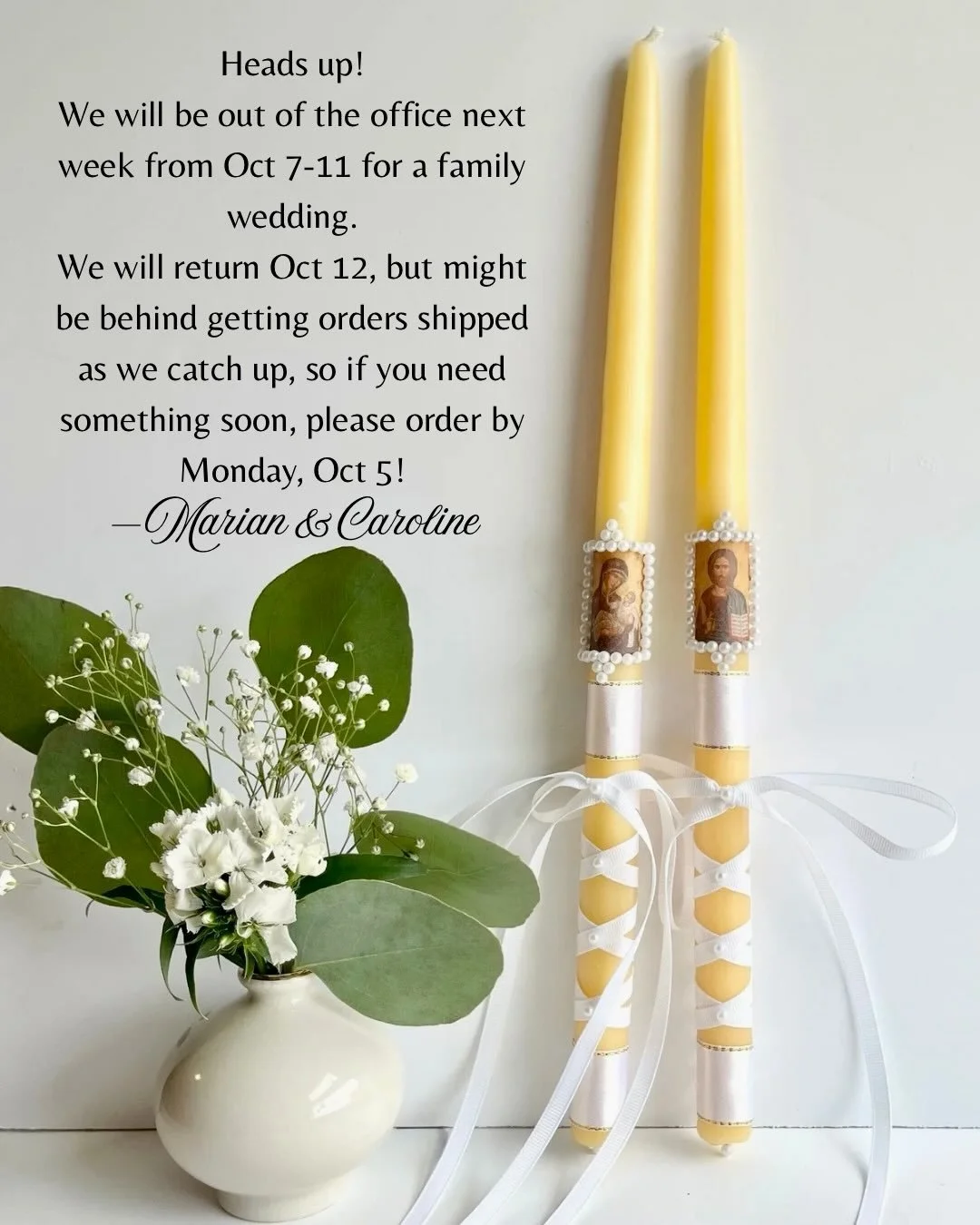 Please take note! If you need anything soon, PLEASE order by Oct 5! When we get back in the office on Oct 12 we&rsquo;ll be jumping right into preparing the Christmas Shop (CAN&rsquo;T WAIT to show you the new things we&rsquo;ve been working on!), an