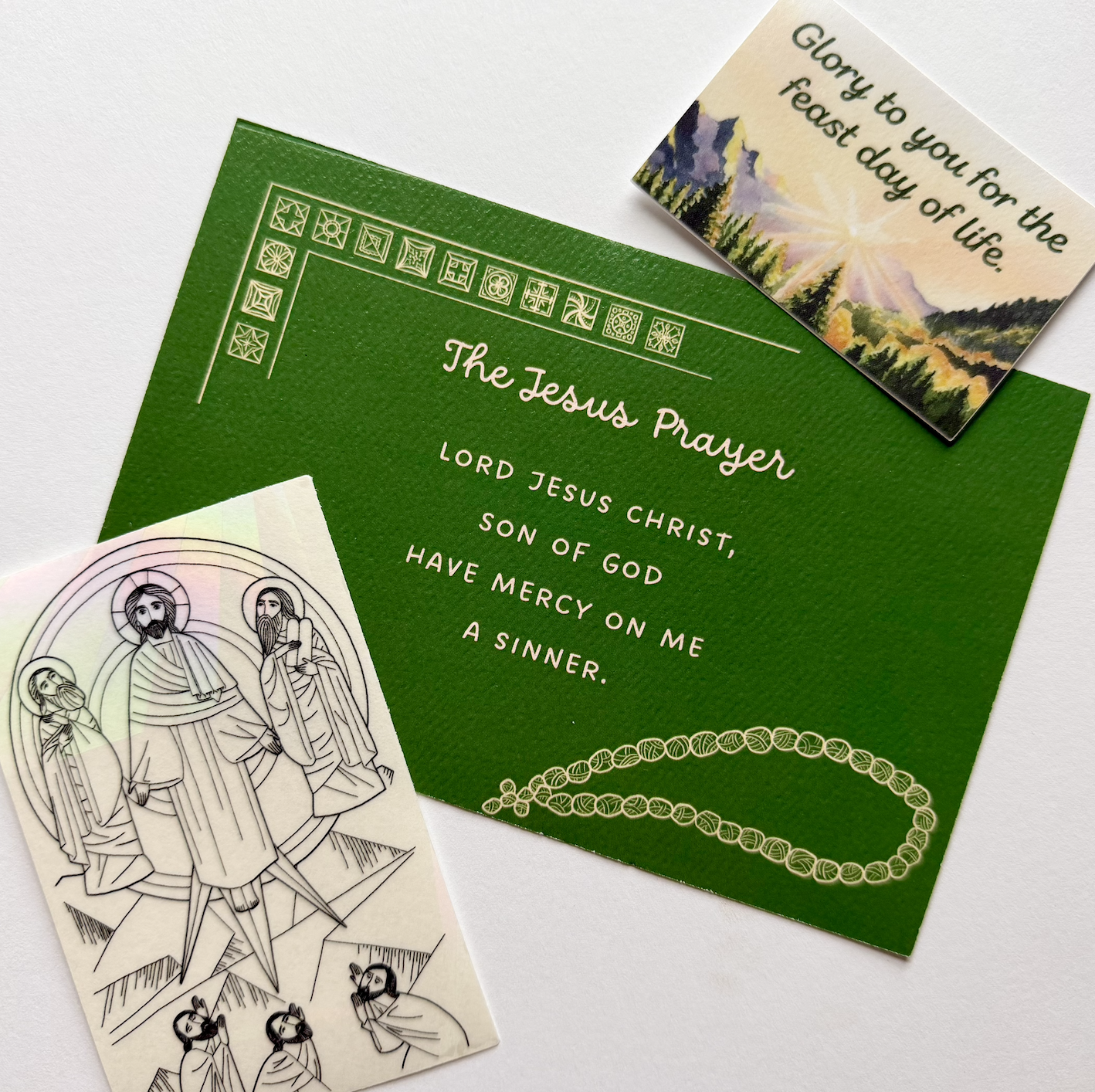 jesus prayer card, transfiguration sticker, and Orthodox Christian sticker