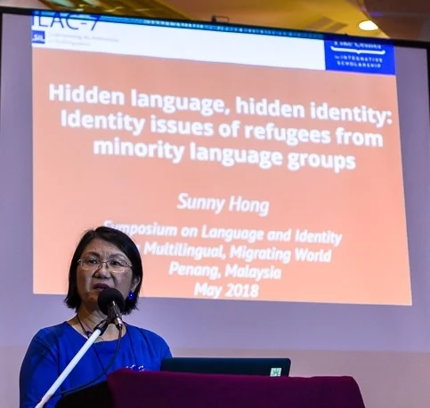 Dr. Sunny Hong presents her work on identity issues for refugees from minority language groups