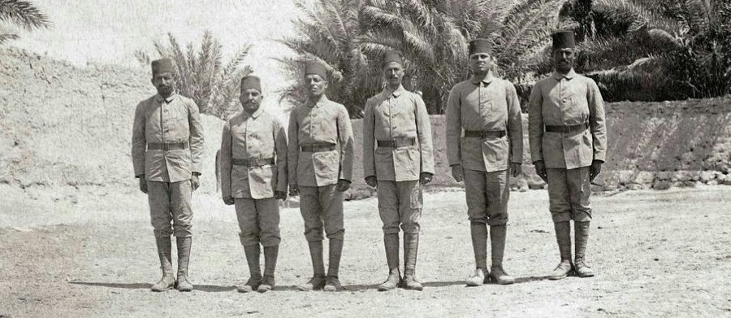 A photograph showing some of the soldiers chosen for the German diplomatic mission to Afghanistan in 1915. Mir Mast is on the far left