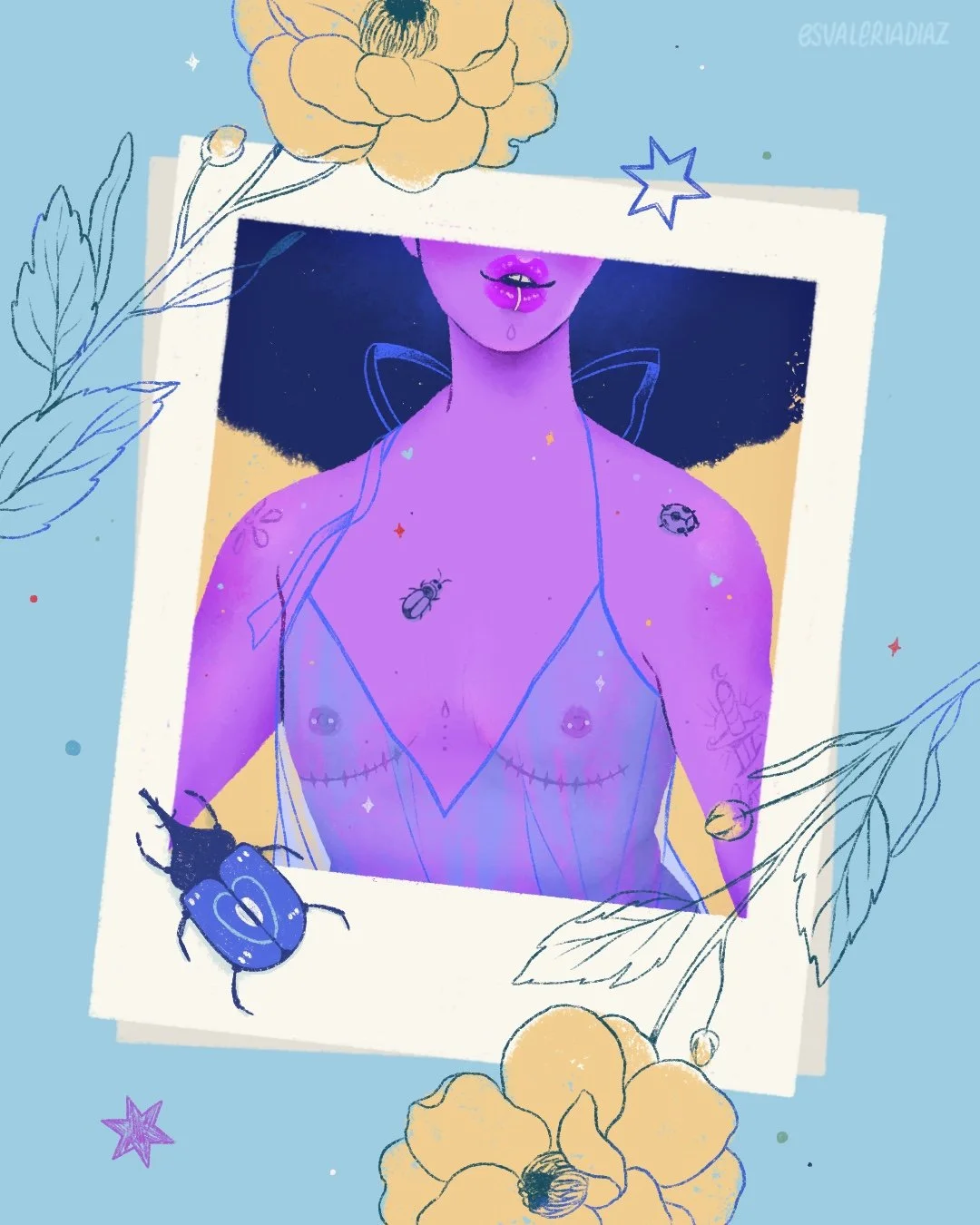 Digital illustration of a woman with purple skin and black curly hair, surrounded by flowers, leaves, stars, and insects, with vague facial features and tattoos.