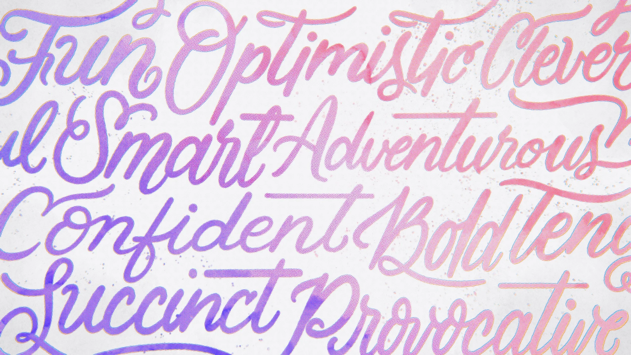 Close-up of colorful cursive lettering with words like 'Sun', 'Adventurous', 'Confident', and 'Succeed' in pastel pink, purple, and blue colors.