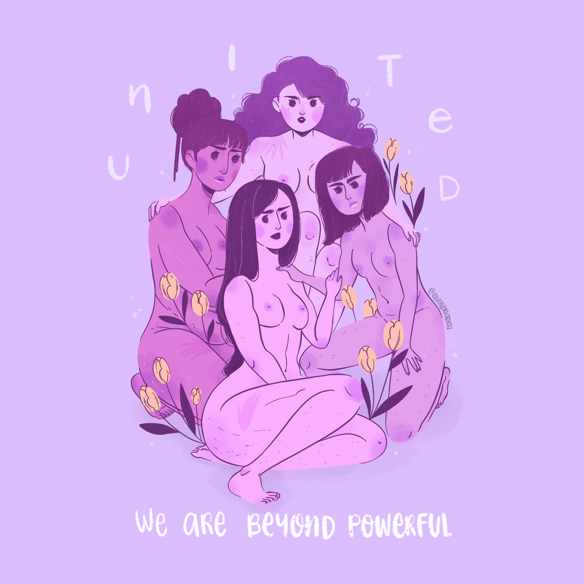 An artistic illustration of five nude women with different hair styles and skin tones sitting and standing together, surrounded by yellow tulips on a purple background. The words "We are beyond powerful" are written at the bottom.