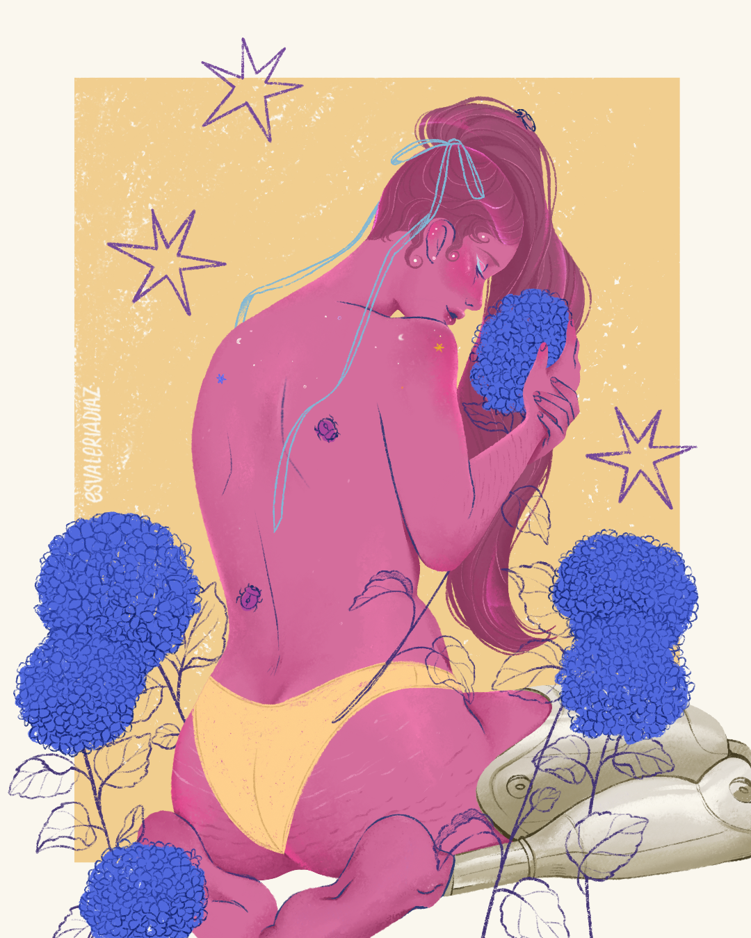 Illustration of a woman with purple skin and long brown hair, kneeling and hugging a cluster of blue flowers. The background is yellow with purple star shapes, and there are more blue flowers around her and a pair of compasses nearby.