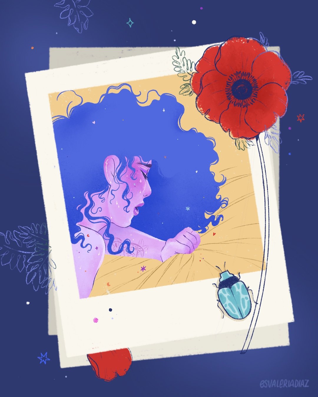 Illustration of a woman with curly hair, lying in bed, looking upward. She appears to be dreaming or imagining. The scene has a space theme with stars, planets, and celestial elements. A red flower and a blue beetle are also present in the illustrati