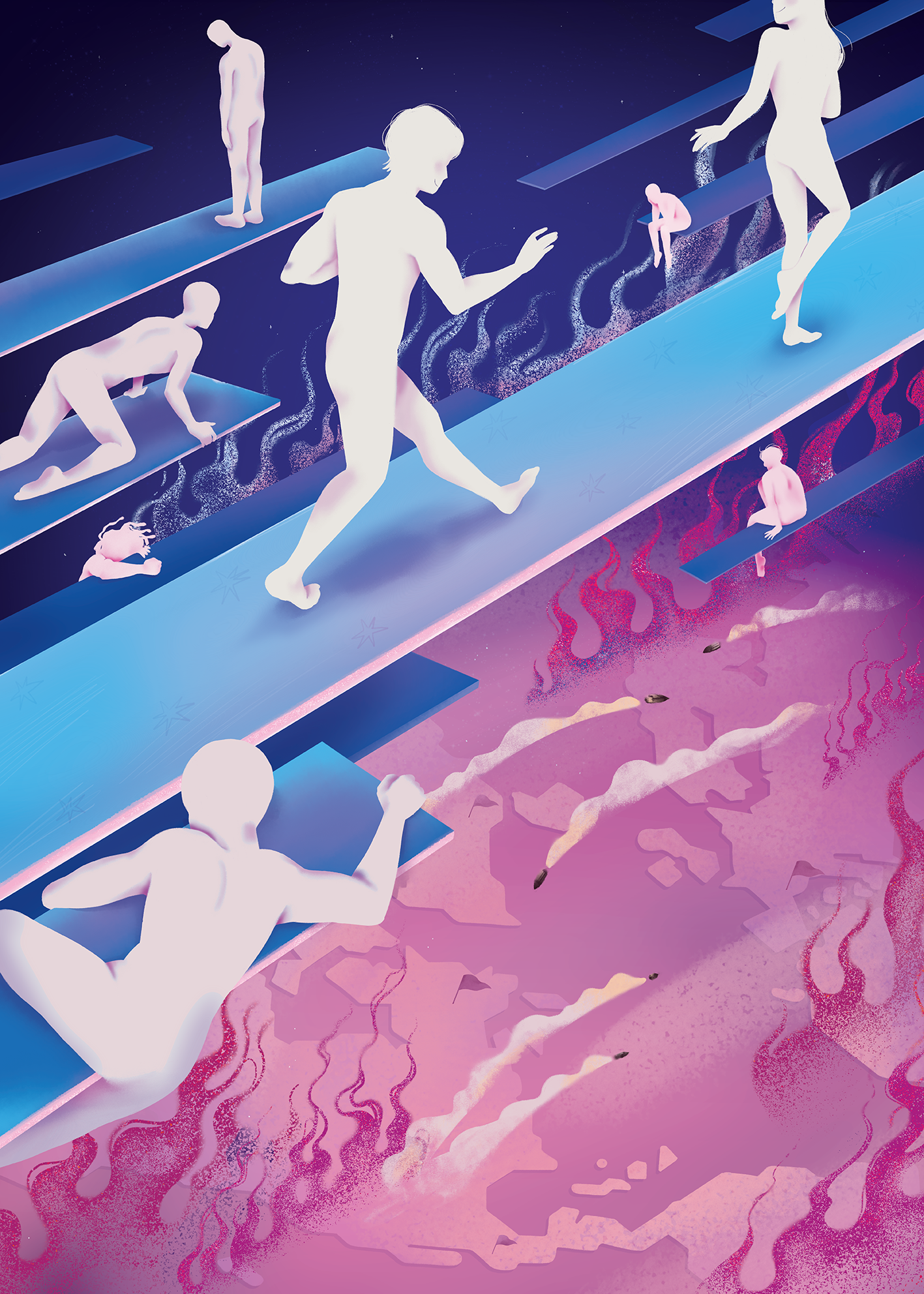 Digital illustration of people running on rising platforms above a surreal landscape. The scene has a cosmic background with stars and a sky blending pink, purple, and blue hues.