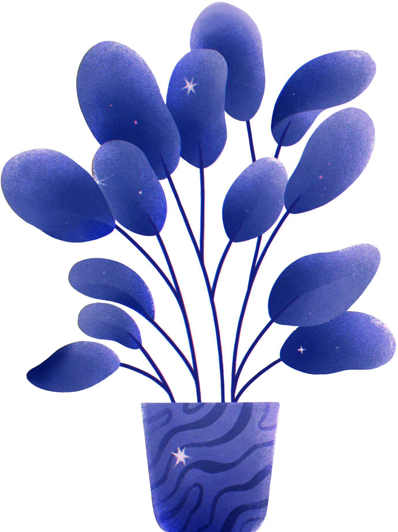 A digital illustration of a potted plant with large, blue, oval-shaped leaves that have a watercolor texture, set against a transparent background.