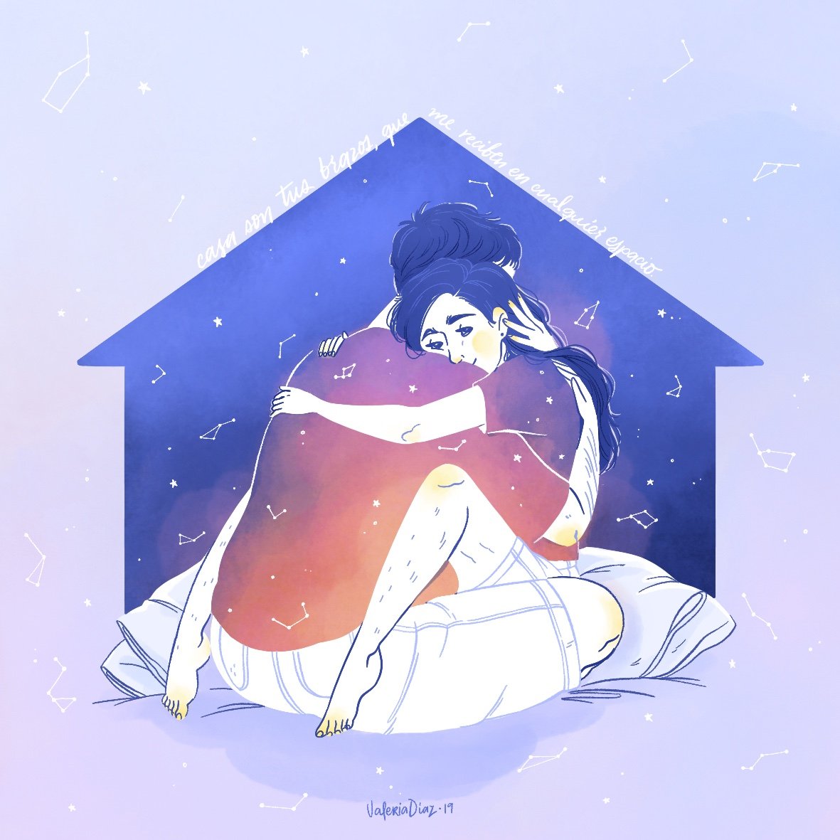 An illustration of two women hugging each other in a cozy, starry setting with a house-shaped outline behind them. The scene has a dreamy, celestial quality with constellation patterns and soft pastel colors.
