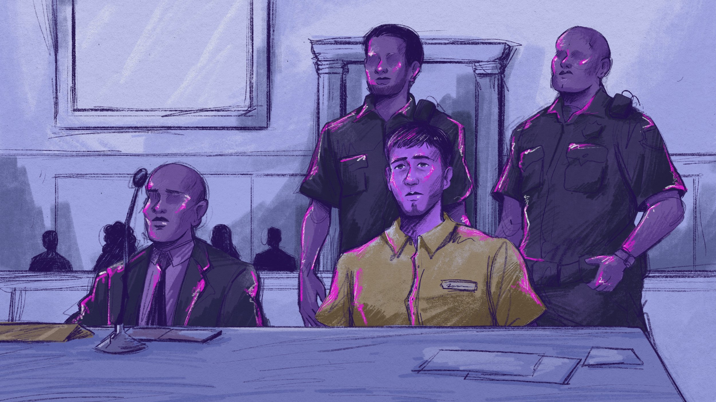 A courtroom scene with one seated individual, a man in a yellow shirt, and three standing officers in black uniforms, with a judge or court officer seated at a table in the background.