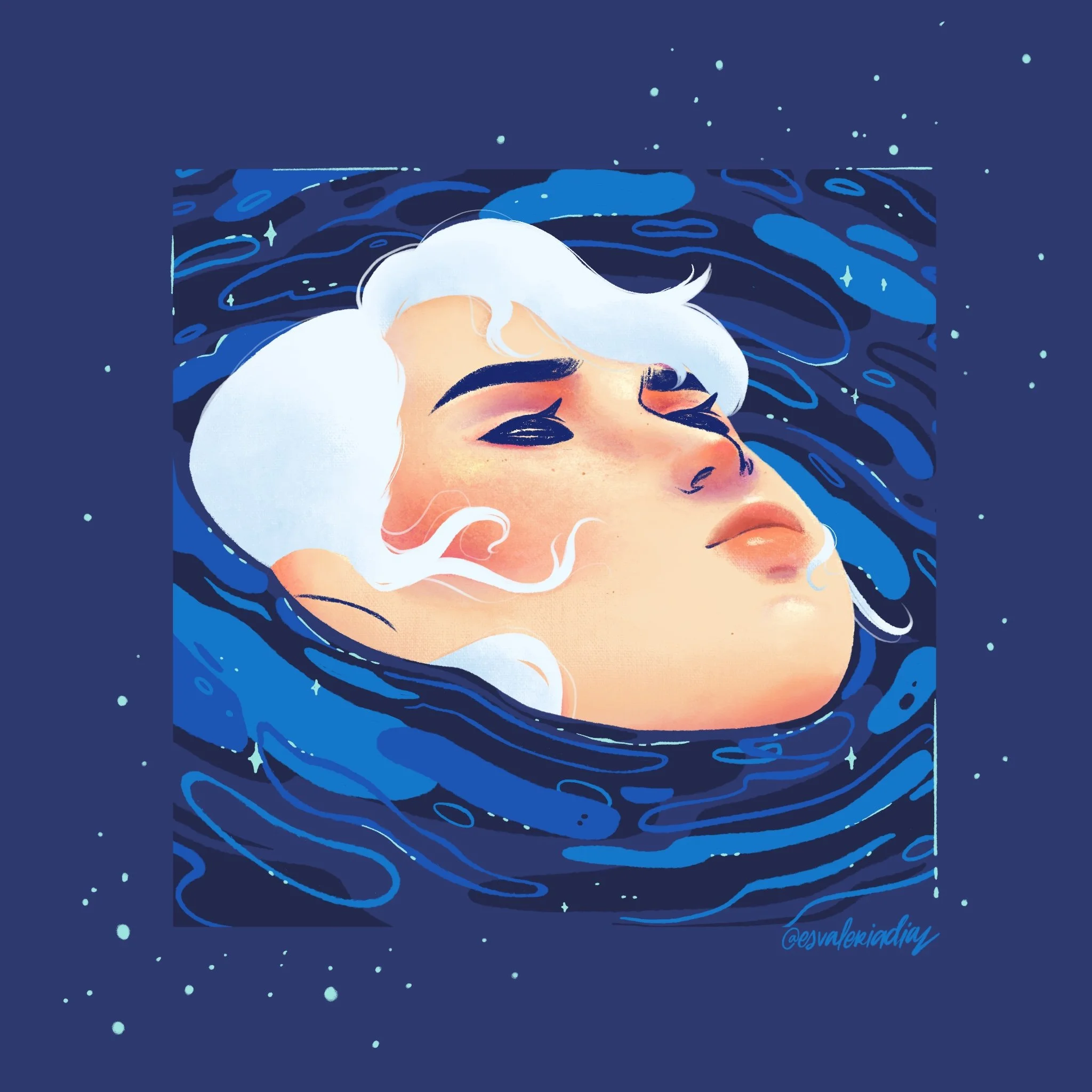 Digital illustration of a woman's face with white hair floating in water, with dark blue water and star-like specks surrounding her.