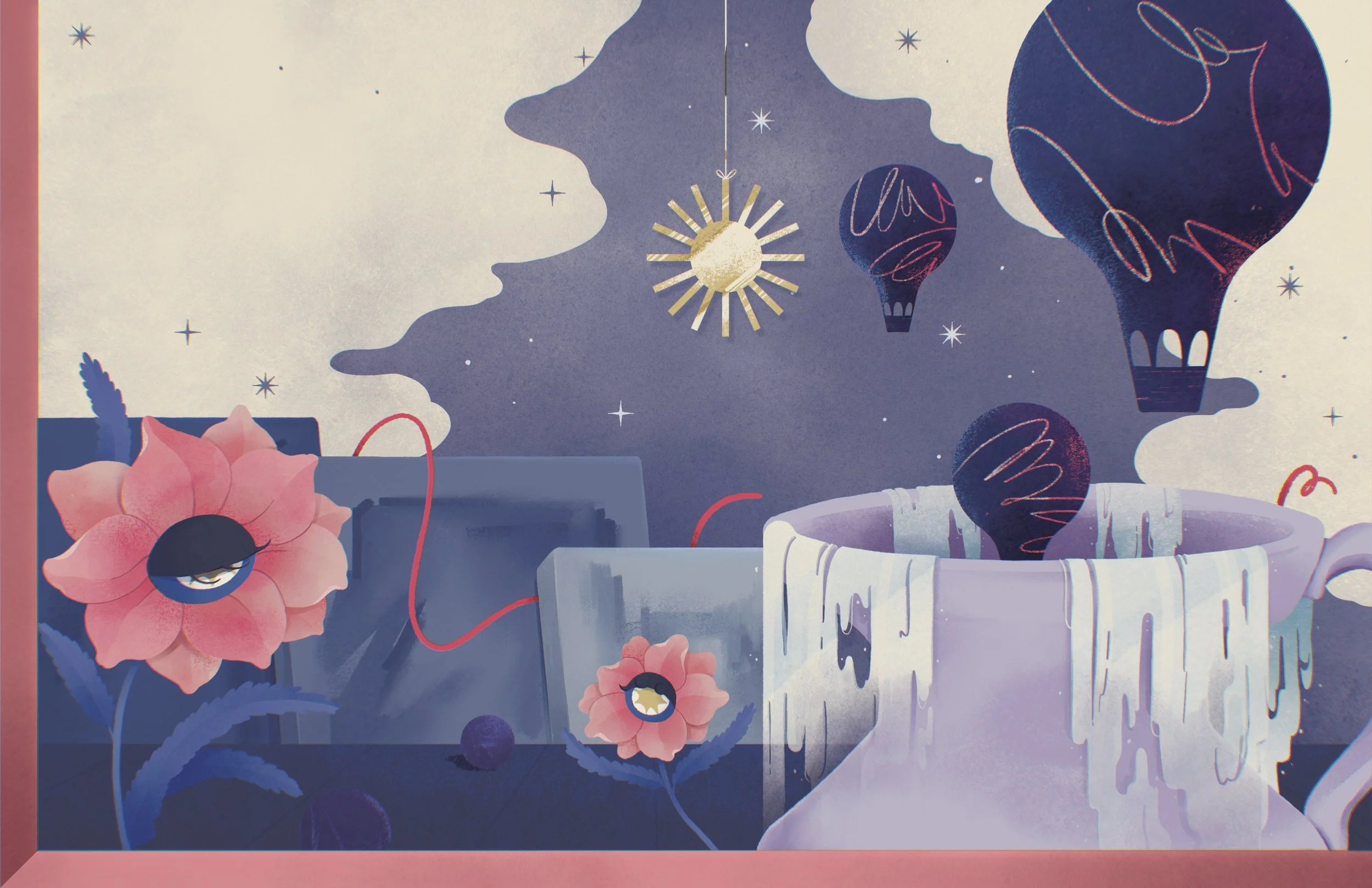A surreal scene featuring two pink flowers with blue and black eye-like centers, connected by red wires to a white device on a dark surface. The background includes a night sky with stars, a blue moon, and animated hot air balloons with pink lines, f