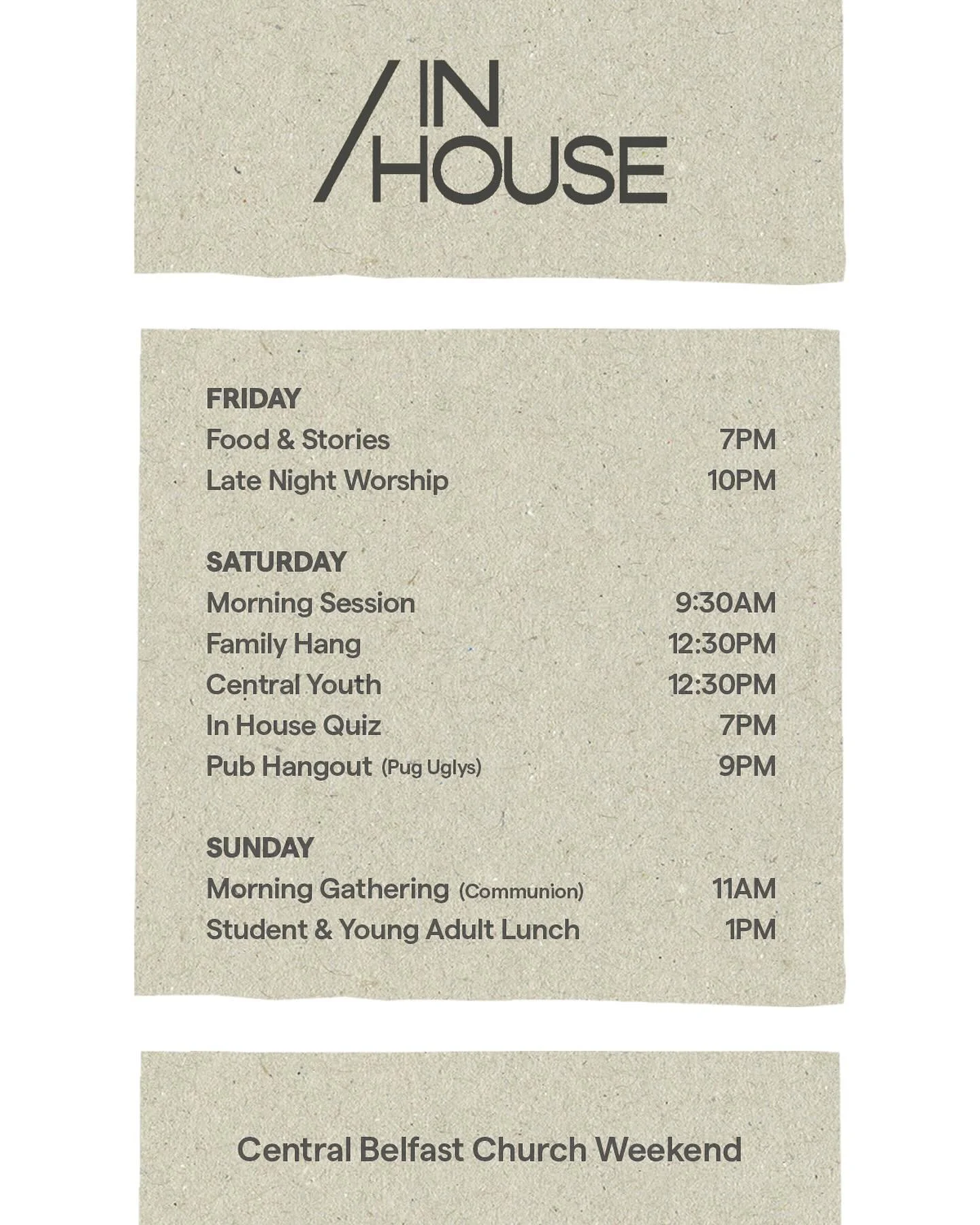 IN HOUSE WEEKEND
This weekend is In House and we hope you’ve got your ticket. We’ll be joining for food, stories, sessions, a quiz and lots more.
Reminder - the car park will be full price on every other session other than Sunday mornin
