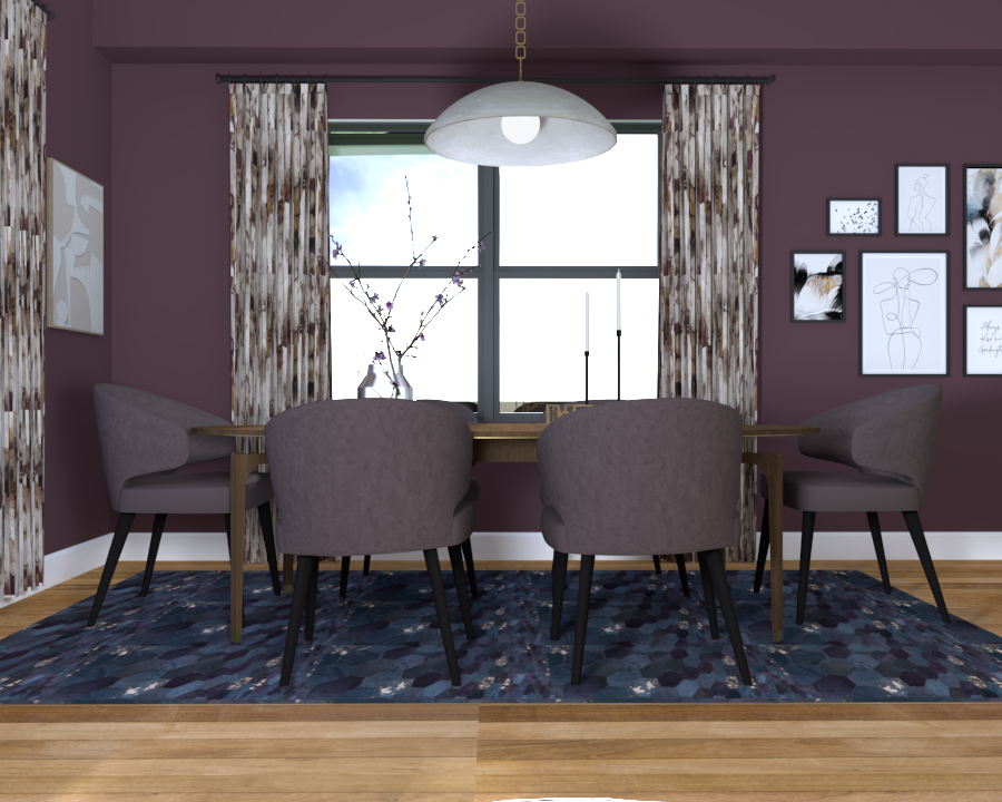 The rich plum Farrow & Ball walls create a rich backdrop for the Baker-McGuire dining room table and the Minotti dining room chairs.  The sophisticated dining space is perfect for entertaining.