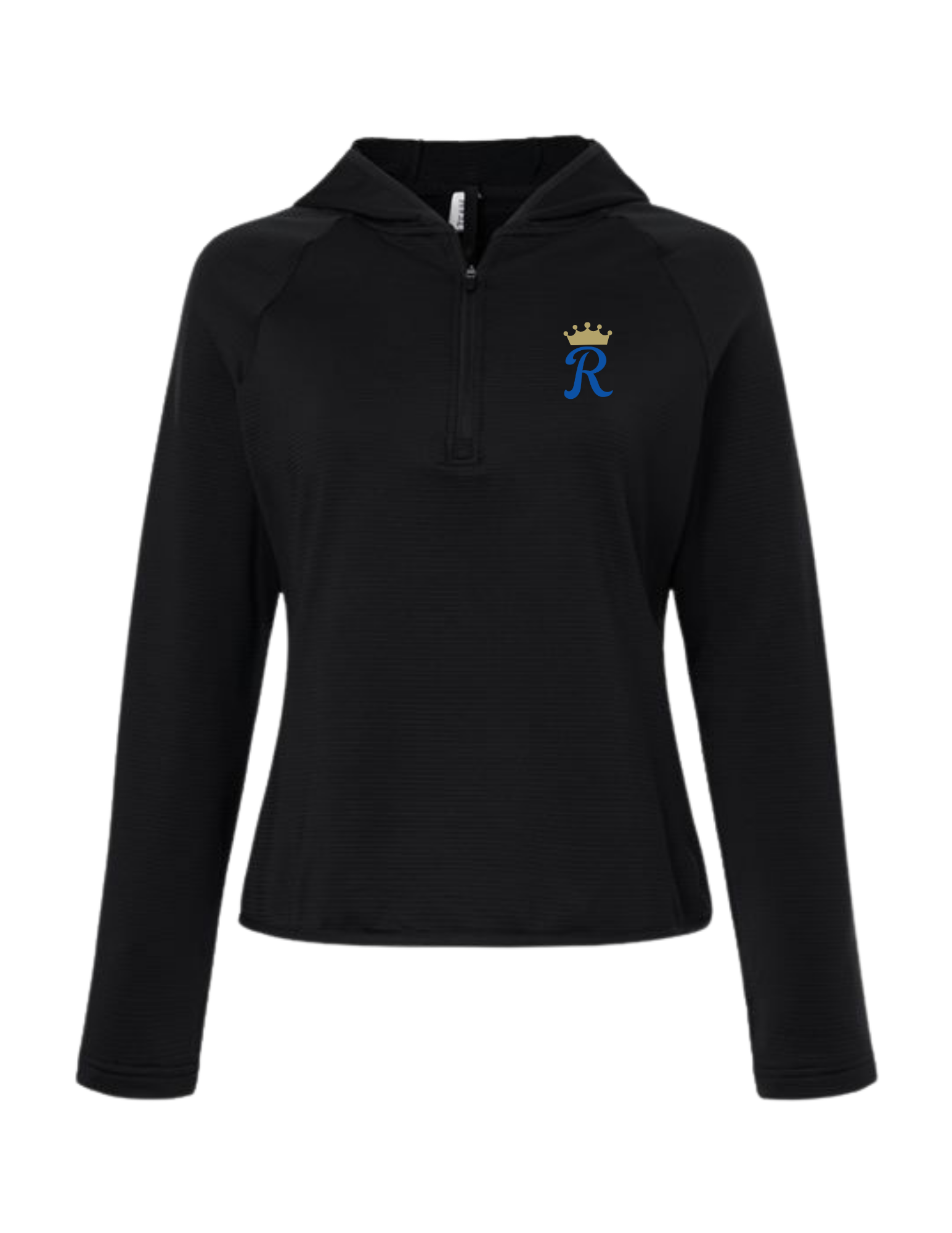 ladies black longsleeve hooded shirt R logo.png