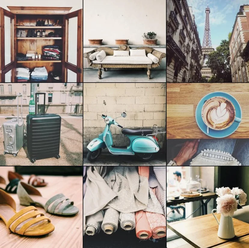 Collage featuring a wooden wardrobe with folded clothes and shoes, a vintage sofa with pillows, the Eiffel Tower view through buildings in Paris, luggage including a suitcase and water bottle, a teal scooter against a wall, a latte with foam art, colorful sandals on wooden floor, rolls of fabric, and a vase with flowers on a café table.