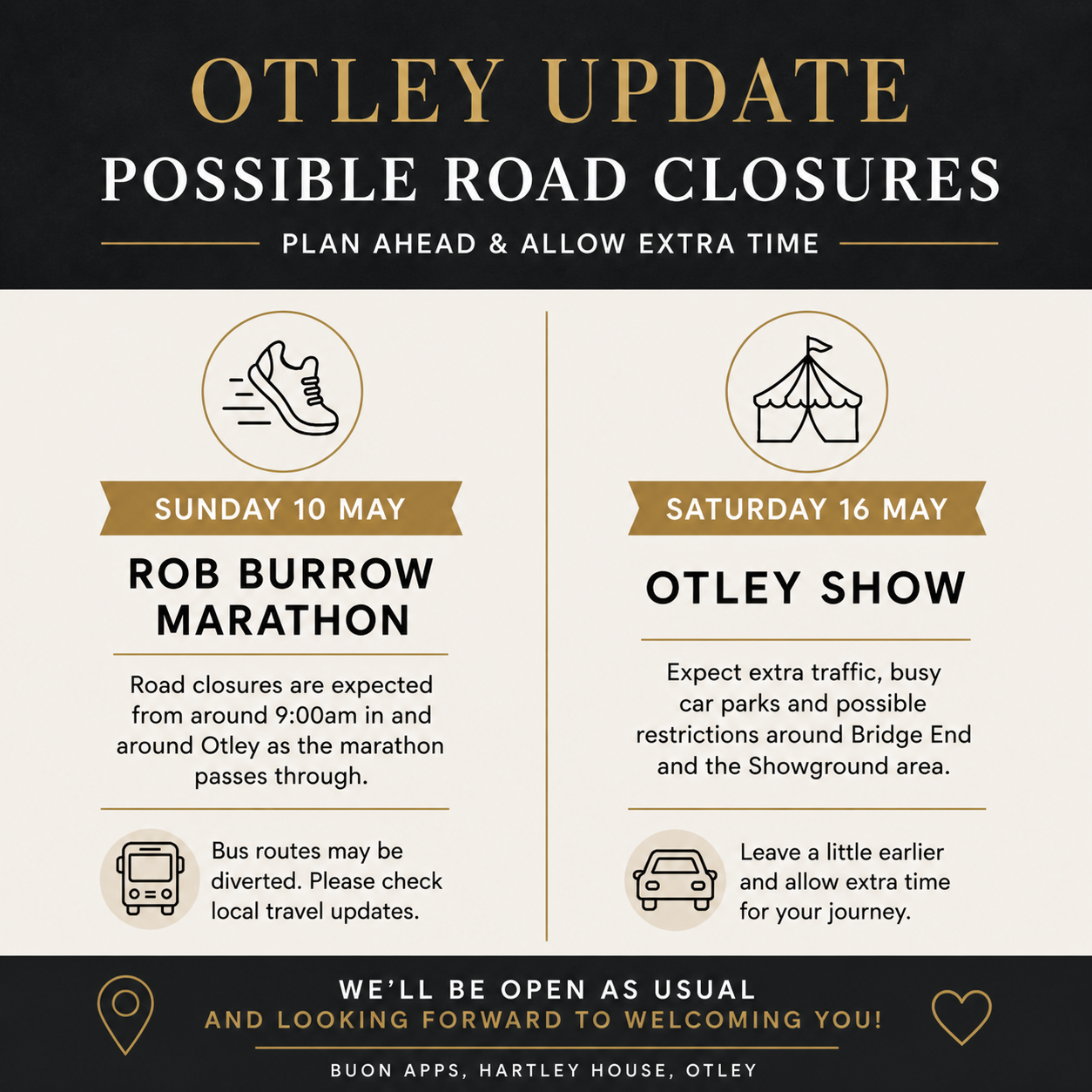 Possible Road Closures in Otley: Sunday 10 May and Saturday 16 May 2026