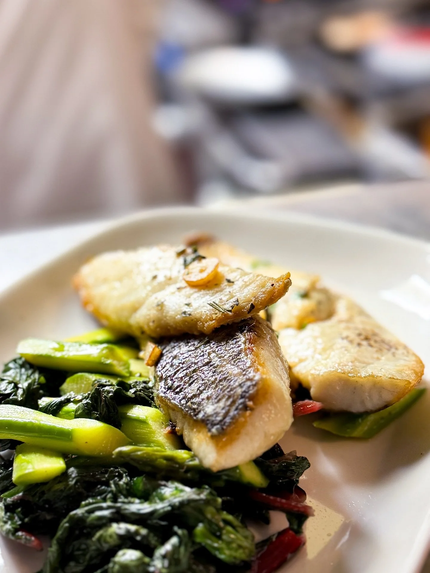 Last night&rsquo;s dorado special 🐟✨

Pan-roasted with white wine and herbs, served with saut&eacute;ed Swiss chard and asparagus

A perfect spring plate 🏝️