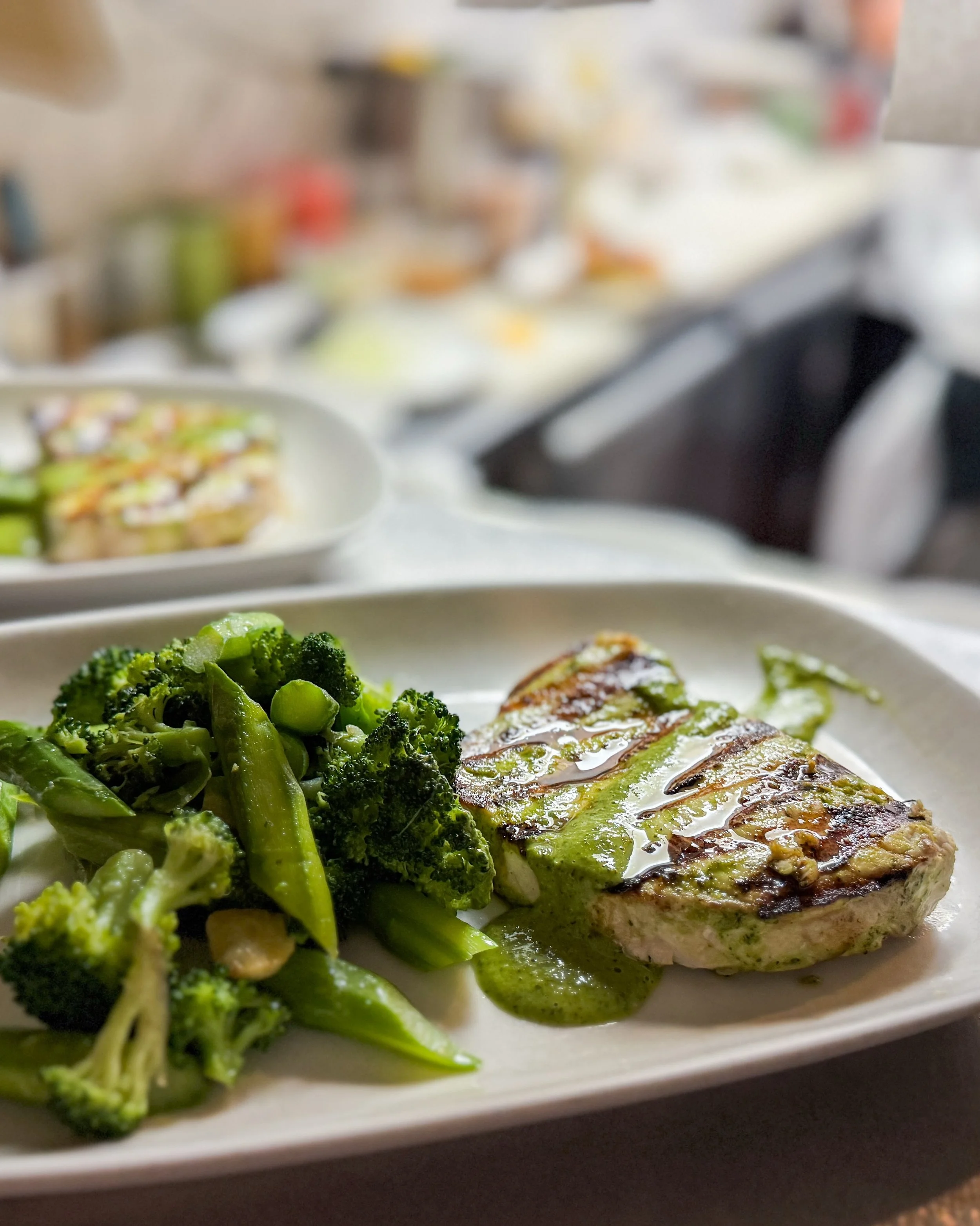 Last night&rsquo;s grilled marinated swordfish special, finished with housemade salsa verde.