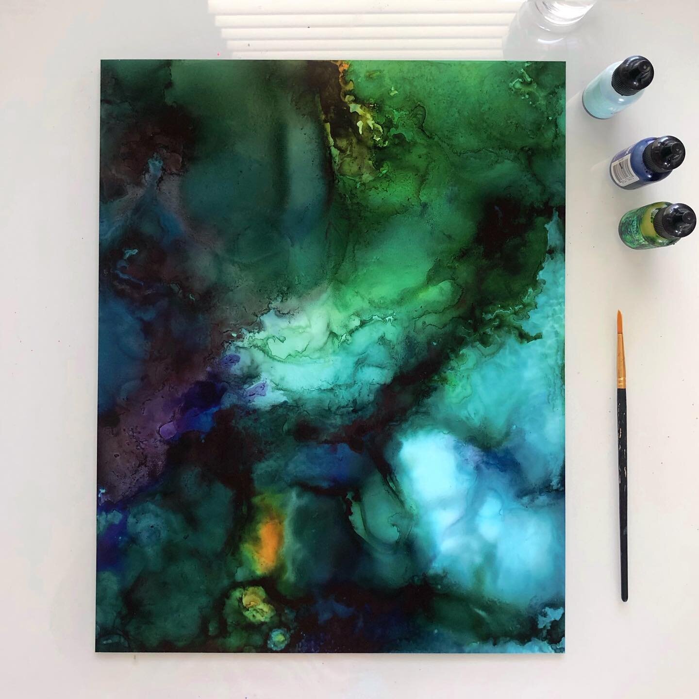 &lsquo;Milo&rsquo; - 11x14 alcohol inks on yupo. Something about the deep greens and blues get me every time 😍. The original of this one now resides in @allenstone home, but I always have prints available, so please hit me up!

.
.
.
.
.
#inspiratio