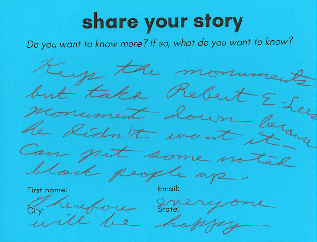  "Keep the monuments but take Robert E. Lee's monument down because he didn't want it - can put some noted black people up. Therefore everyone will be happy"&nbsp; 