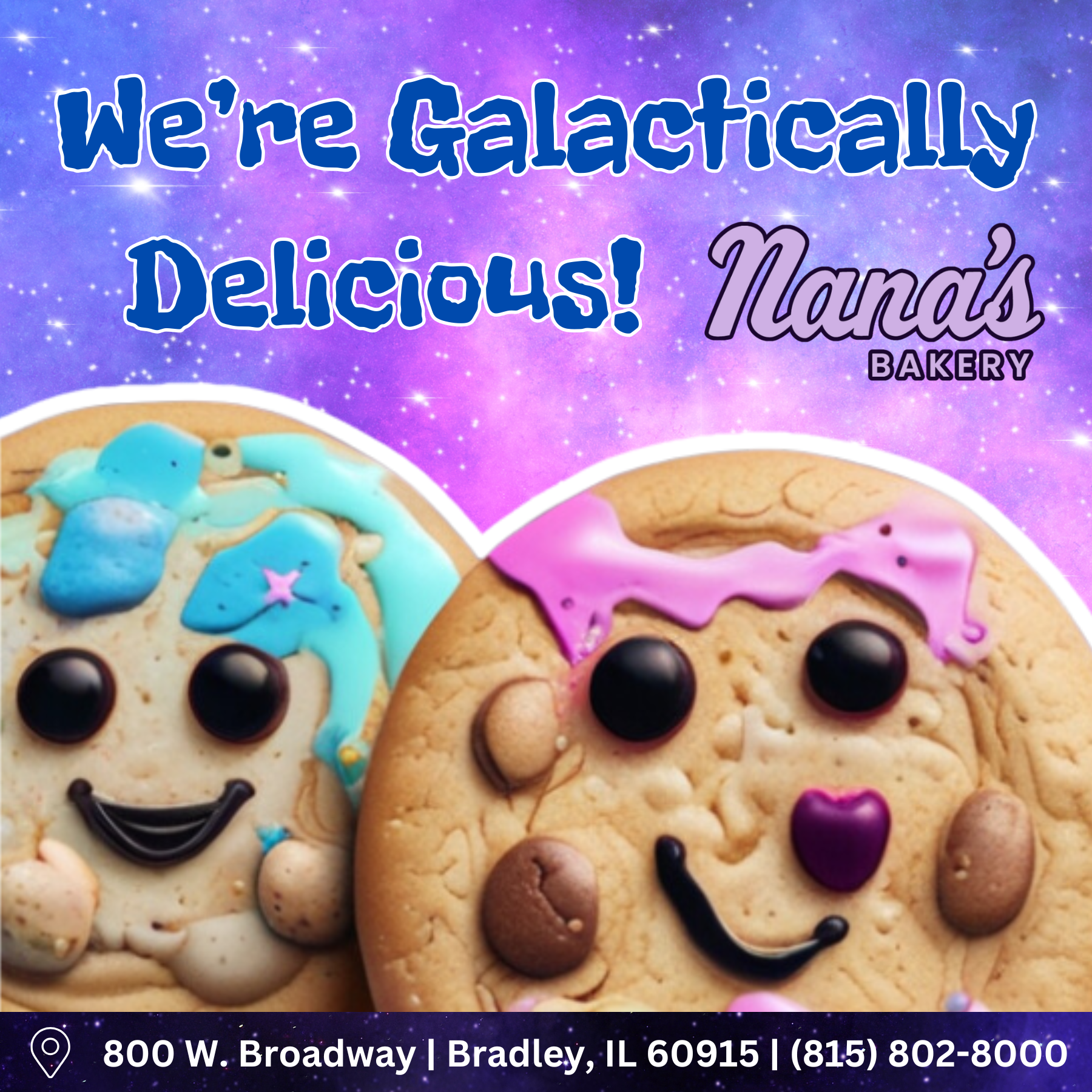 Decorated cookies with colorful icing and face designs, with a starry purple background and bakery name 'Nana's Bakery'