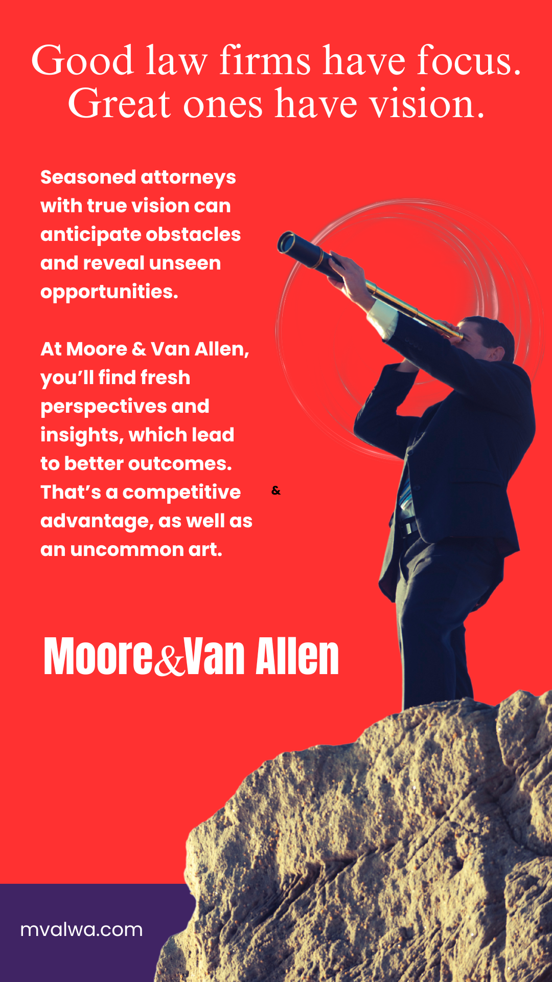 Man in a suit standing on rocks, looking through a telescope, on a bright red background with promotional text about law firms and vision.