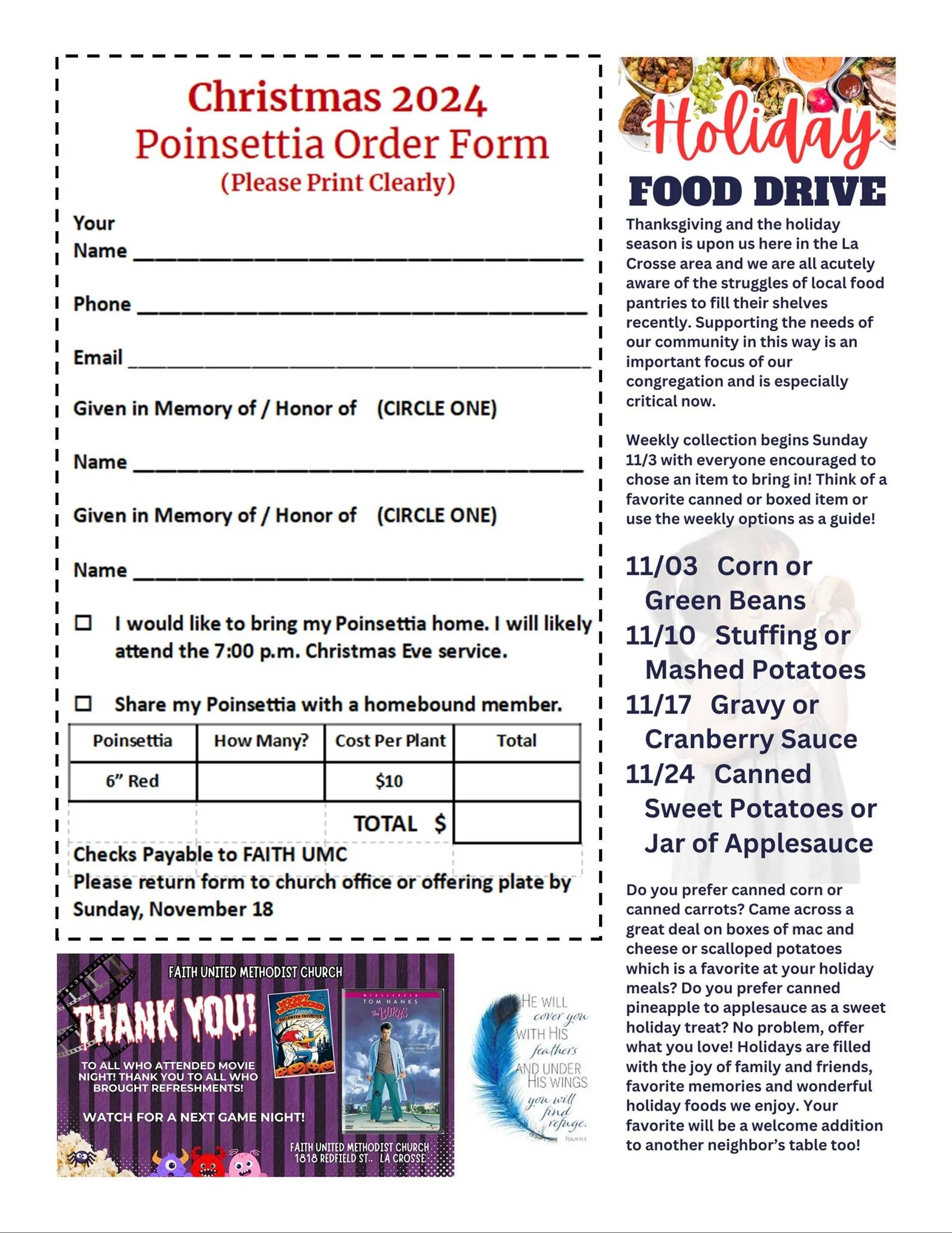 A Christmas poinsettia order form for 2024 from Faith United Methodist Church, including details about a food drive, weekly collection themes for November, and a thank you note with movie night details.