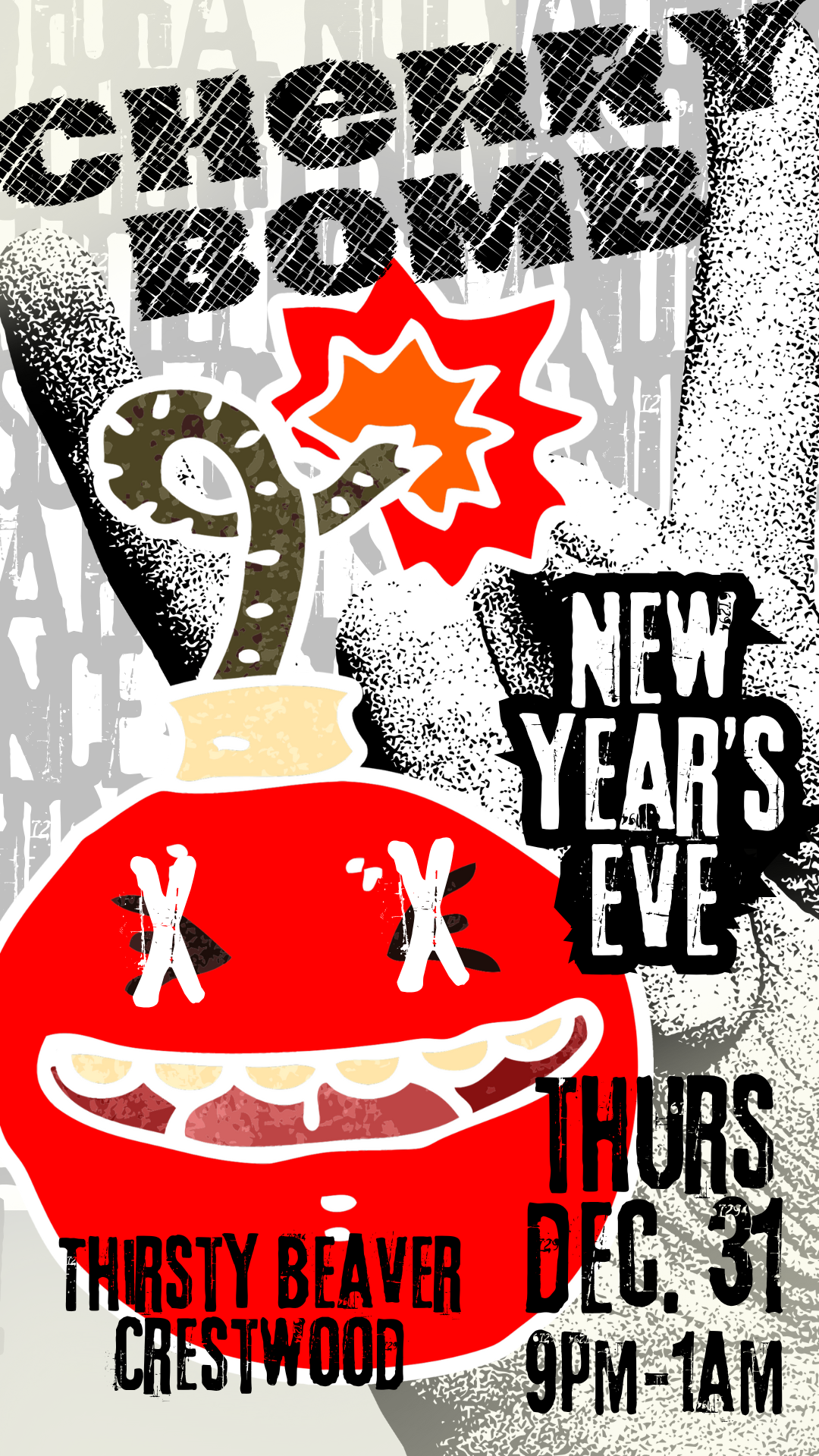 A stylized poster for a New Year's Eve event at Thirsty Beaver, Crestwood, featuring a cartoonish red bomb with a smiling face, a lit fuse, and the event details.