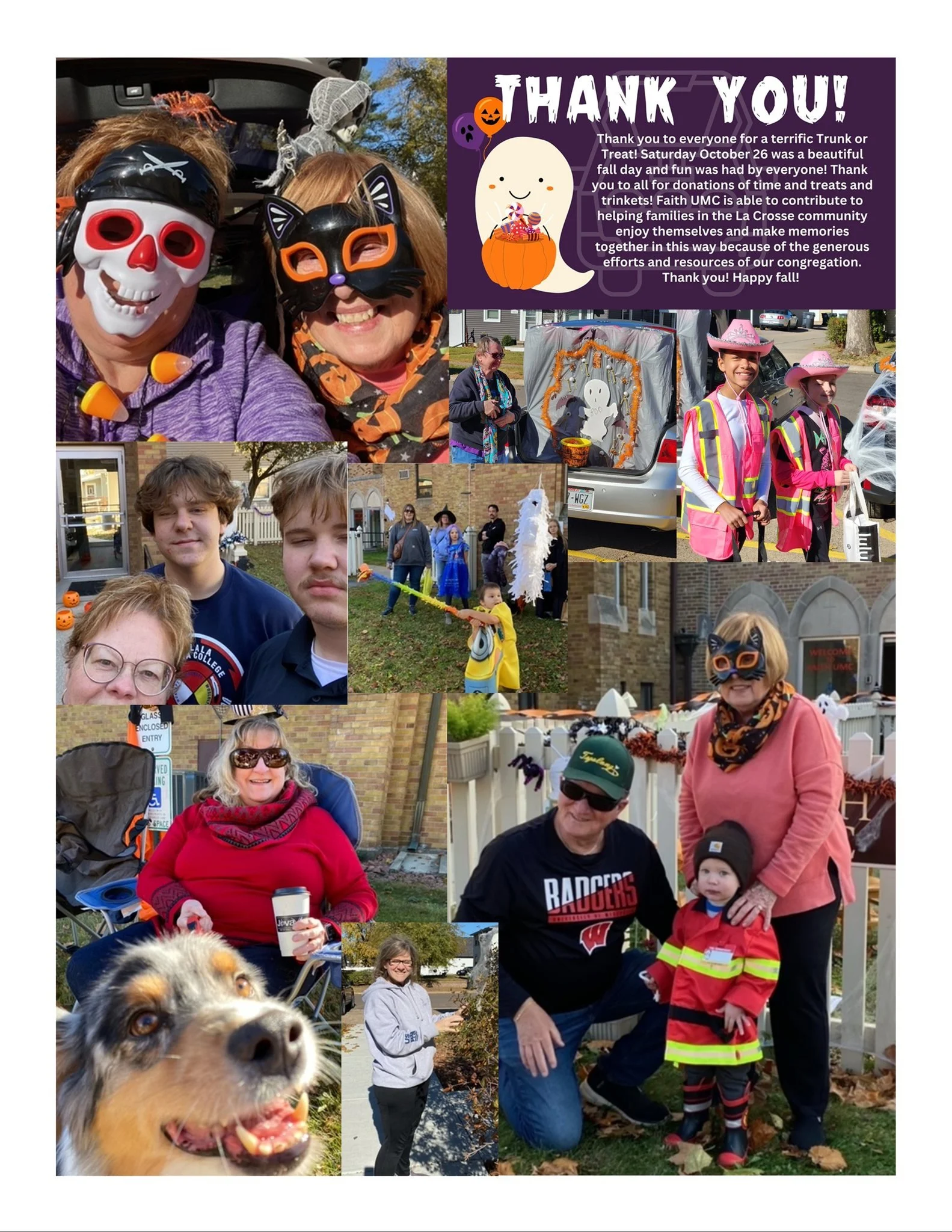 Collage of people celebrating Halloween with costumes, decorations, and trick-or-treating activities, including children in costumes, decorations like ghosts and pumpkins, and a dog.