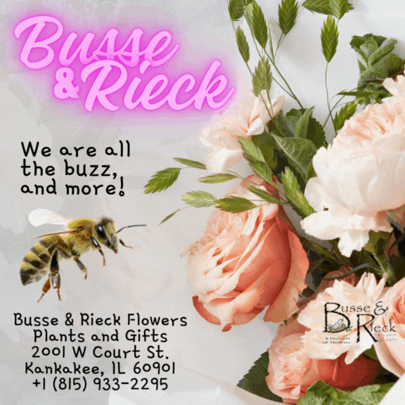 Business card or promotional flyer for Busse & Rieck Flower Plants and Gifts featuring pink roses, green foliage, a bee, and pink and black text.