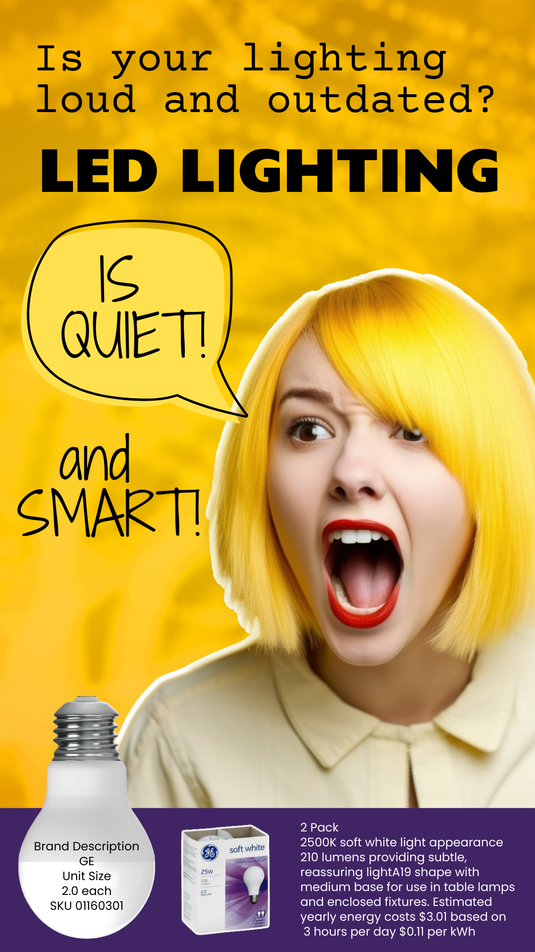 A woman with bright yellow hair and red lipstick appears surprised or alarmed, with her mouth open and eyes wide. The background is yellow, and there are bold texts asking about outdated lighting. A speech bubble says 'IS QUIET!' and a label points t