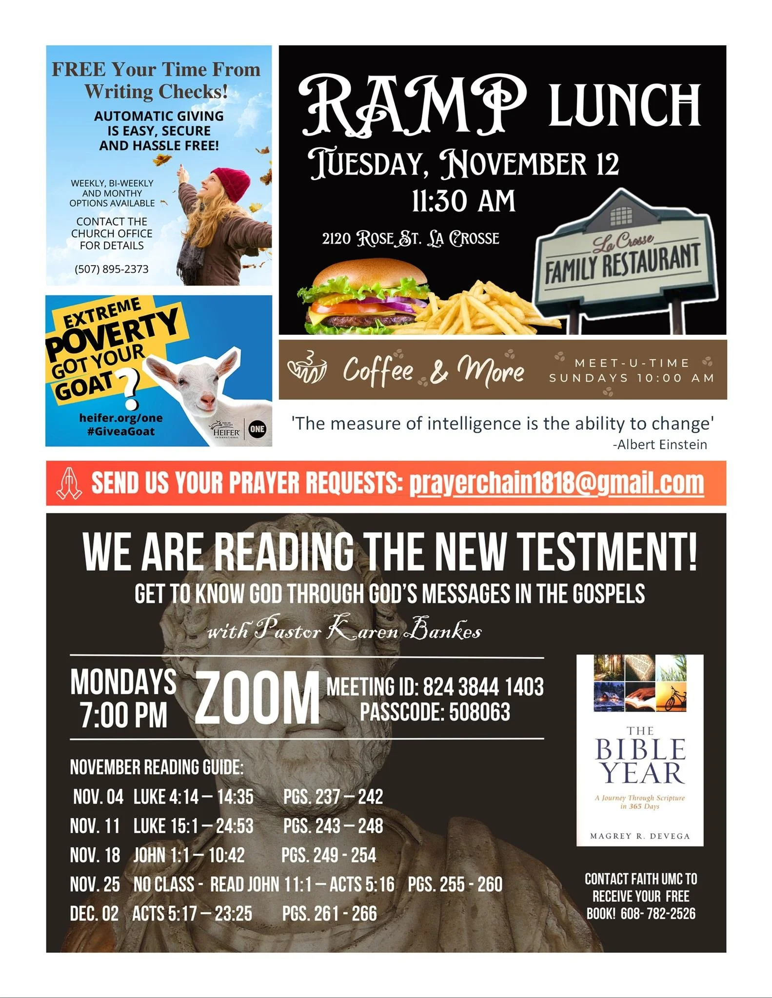 Community flyer promoting events, including a free church check writing service, a lunch gathering at La Crosse Family Restaurant on November 12, and a religious study group via Zoom on Mondays at 7 PM. The flyer features images of a girl with fallin