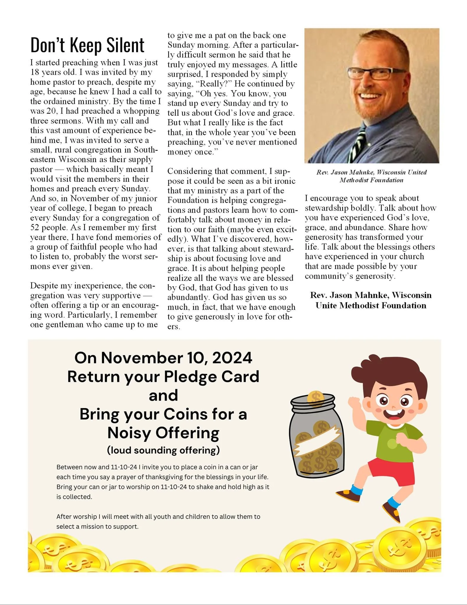 A newsletter with an article titled "Don't Keep Silent" featuring a photo of Rev. Jason Mahnke, a smiling man with glasses, short hair, and a beard, dressed in a blue shirt and striped tie. Below the article, there is an announcement for a fundraisin