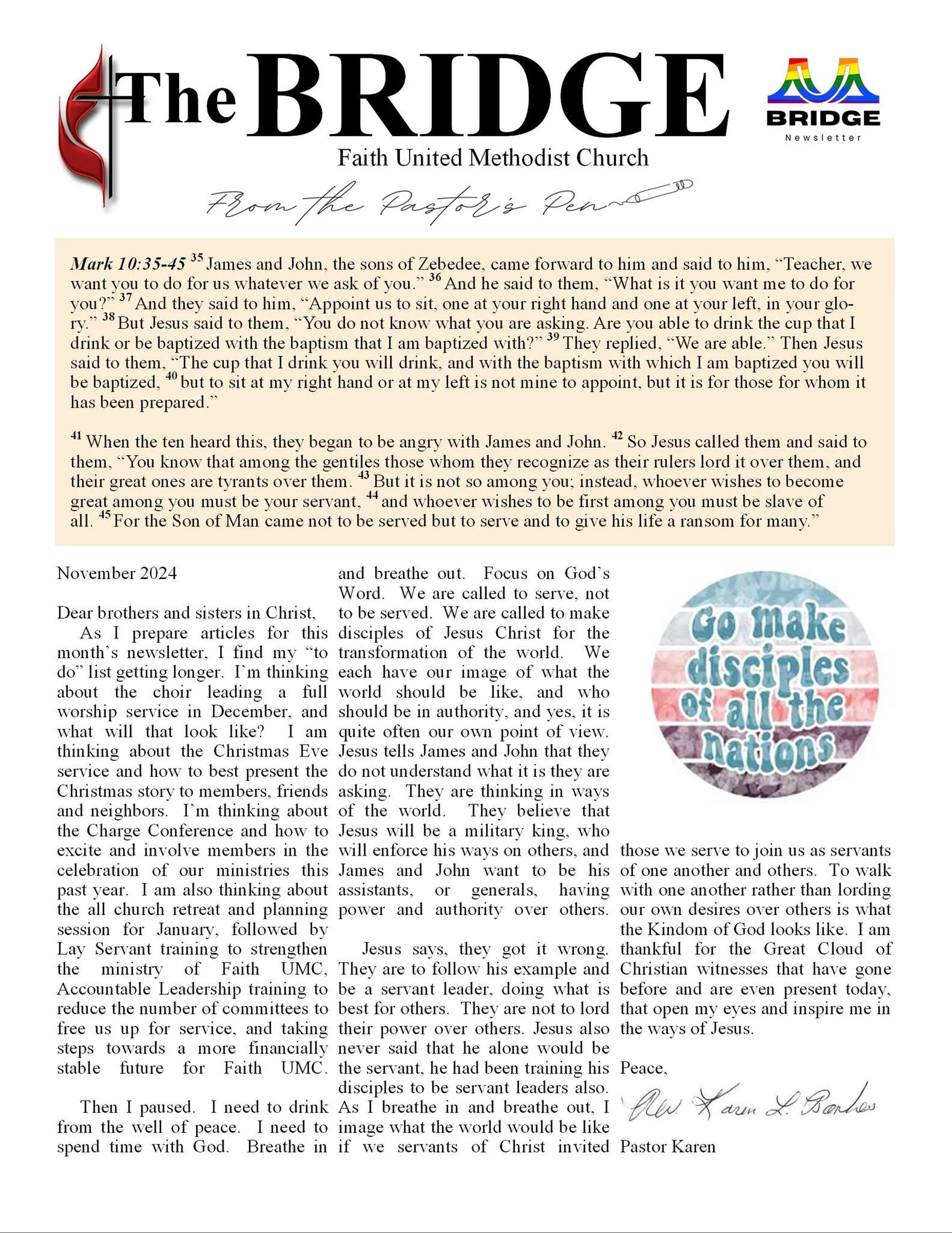 A newsletter from Faith United Methodist Church titled "The Bridge," featuring a Bible passage from Mark 10:35-45, and a message emphasizing service, humility, and leadership inspired by Jesus Christ. It includes a colorful round graphic with the phr