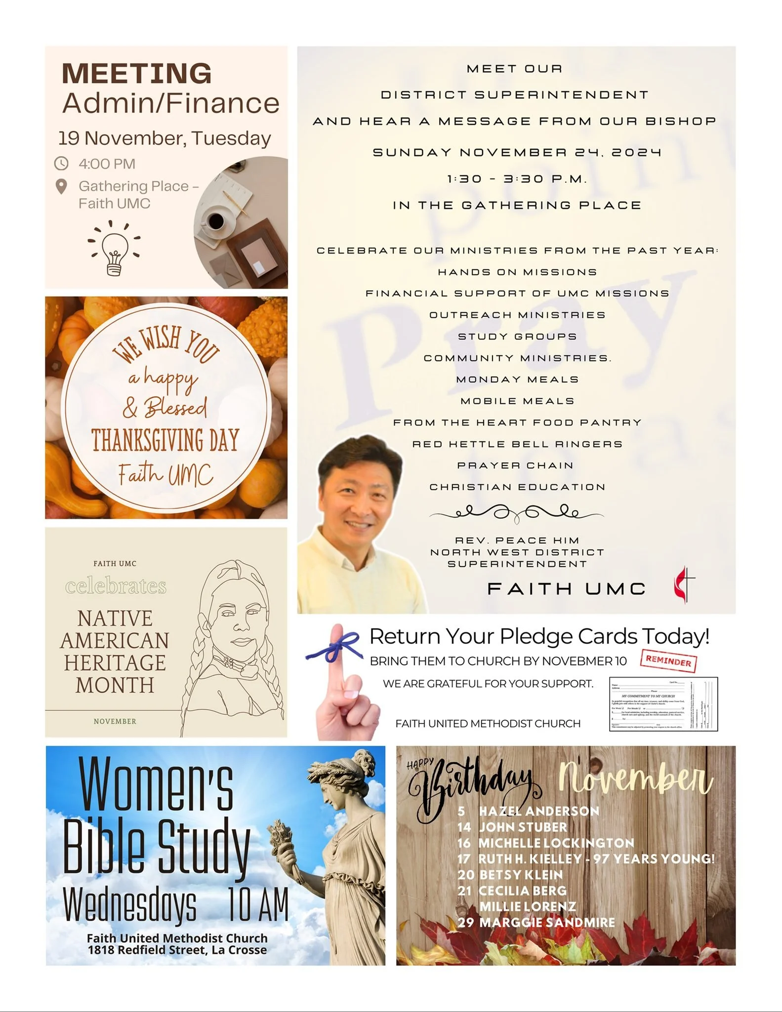 A flyer promoting church events, including a meeting for Admin/Finance on November 19 at Faith UMC, Thanksgiving Day wishes, Native American Heritage Month, Women's Bible Study on Wednesdays, and November birthday recognitions, with various images of