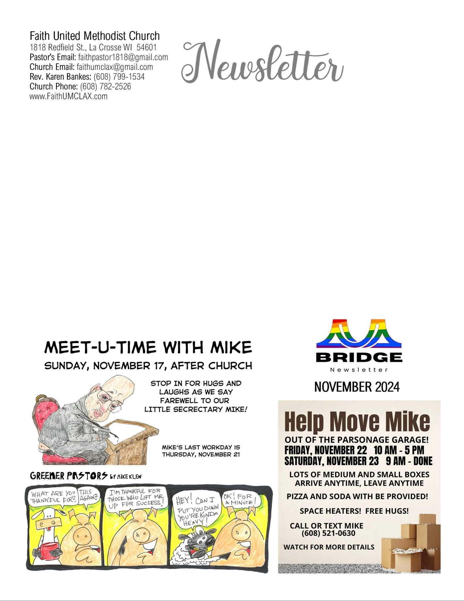 Church newsletter from Faith United Methodist Church featuring an announcement for a meet-up with Mike after church, a comic strip, and donation details for helping move Mike from the parsonage garage.