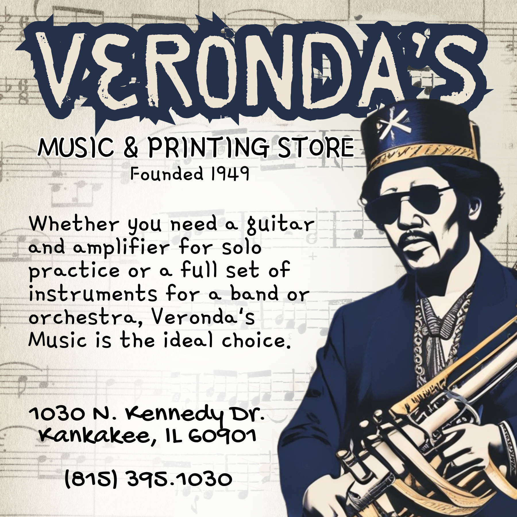 Advertisement for Veronda's Music & Printing Store, founded in 1949, located at 1030 N. Kennedy Dr., Kankakee, IL 60901. The ad features a stylized illustration of a man in sunglasses, a hat with a star, and a suit, holding a trumpet. The background 