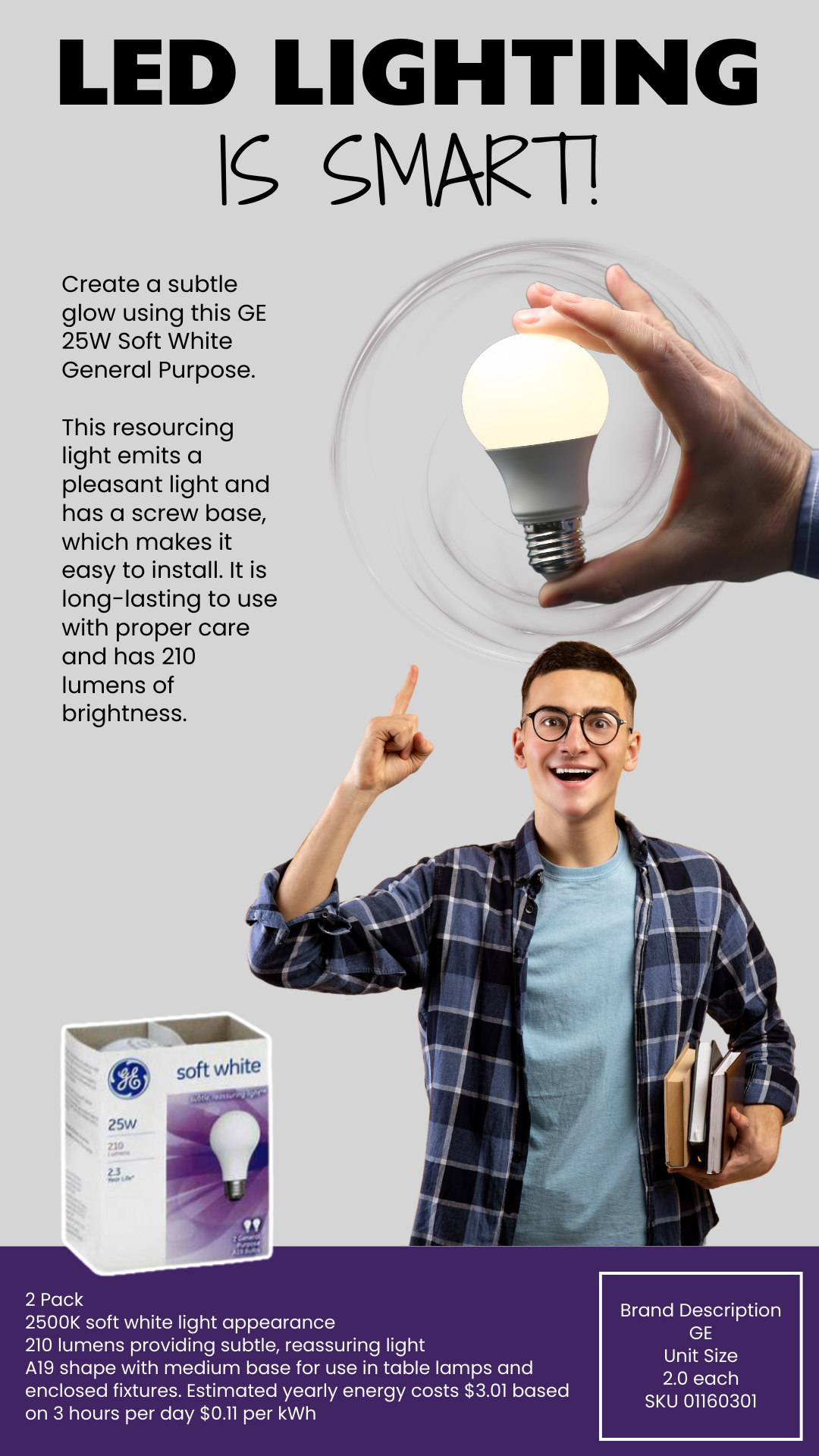 A promotional poster for LED lighting featuring a smiling man pointing upward, a large image of a hand holding an illuminated LED light bulb, and a box of GE soft white LED bulbs. The poster highlights the bulb's features like brightness, longevity, 