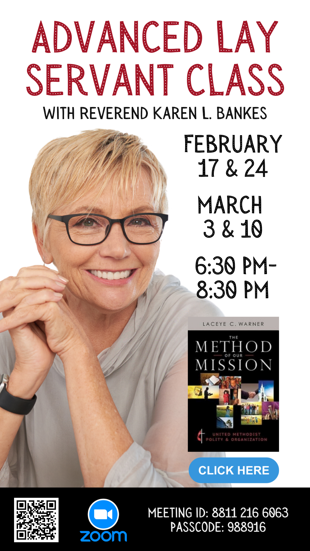 Poster advertising an advanced lay servant class with Reverend Karen L. Bankes, scheduled on February 17 and 24, and March 3 and 10 from 6:30 PM to 8:30 PM. The poster features a smiling woman with short blonde hair, glasses, and a light gray top, al