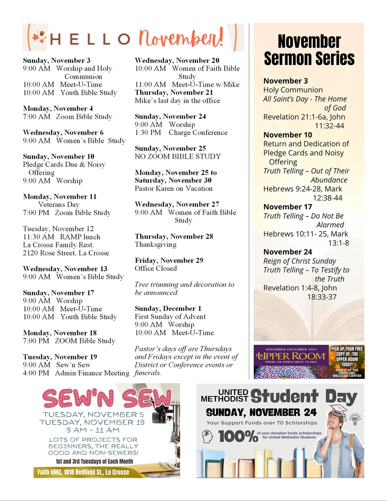 Monthly church events calendar for November with dates and descriptions, including sermons, Bible studies, and community activities.